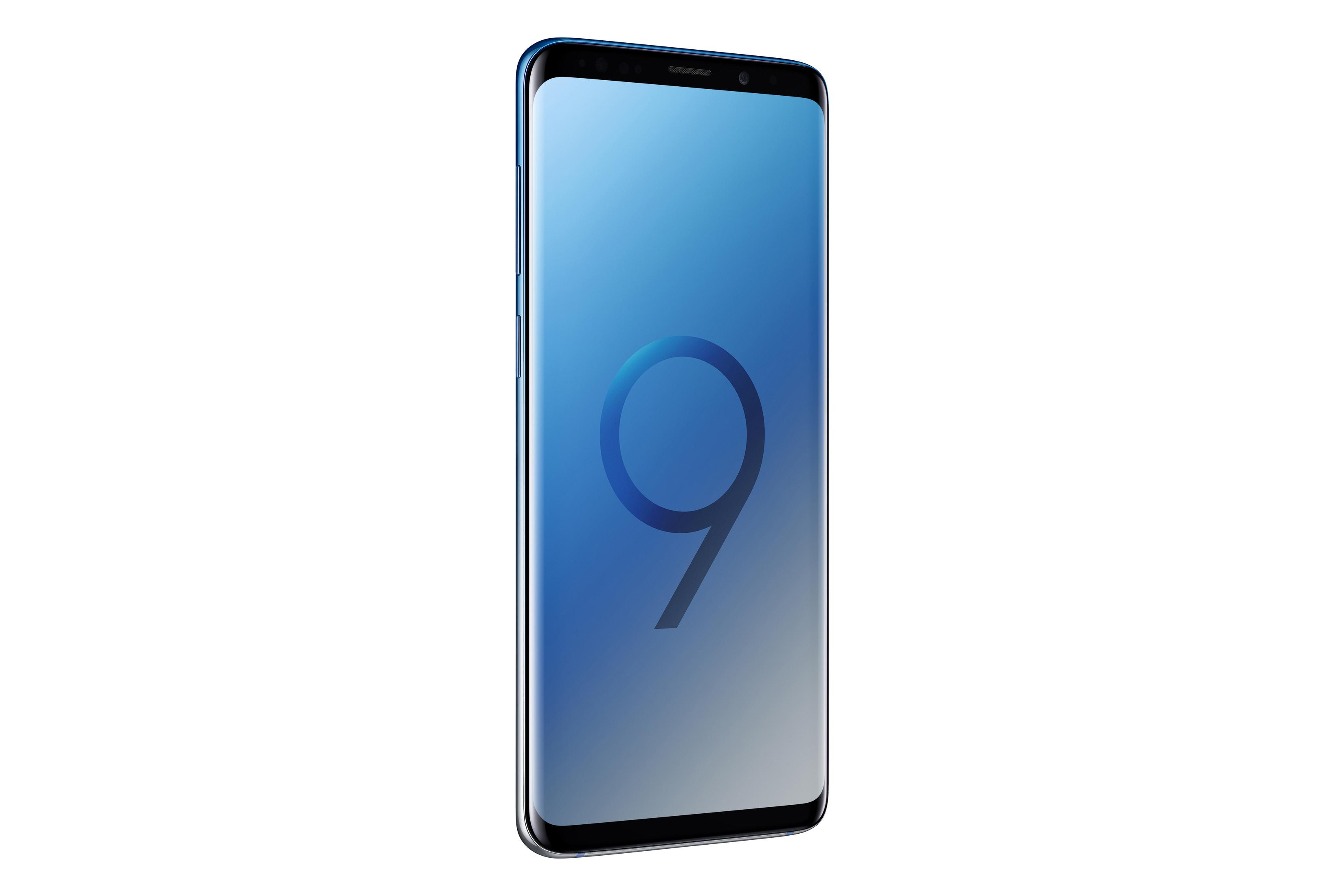 Ein blaues Samsung Galaxy S9-Smartphone wird gezeigt. Der Bildschirm zeigt einen blauen Farbverlauf mit einer großen Zahl 9.