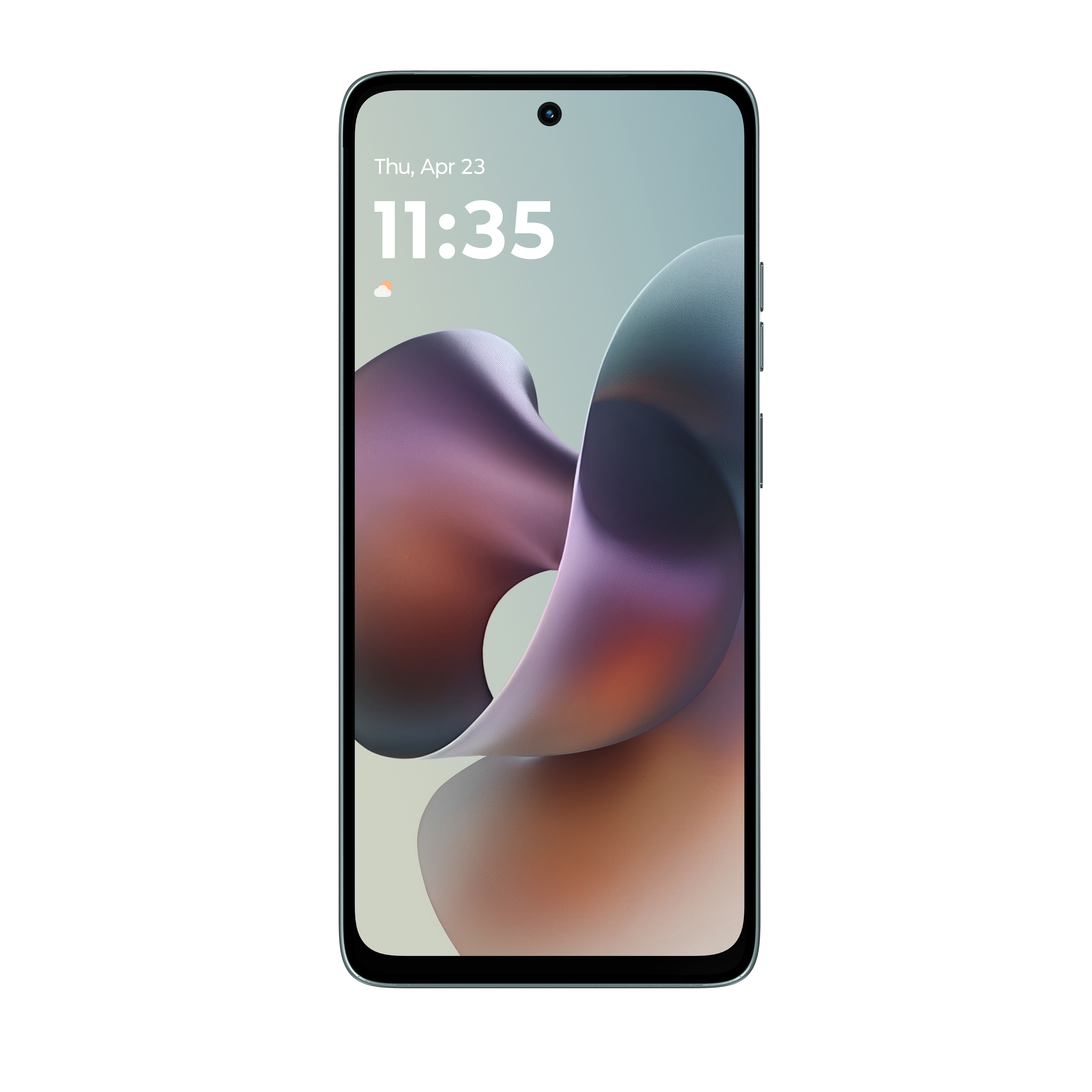 Smartfon wyświetla datę i godzinę: Czw, 23 kwietnia, 11:35. Ekran pokazuje kolorowy, abstrakcyjny design.