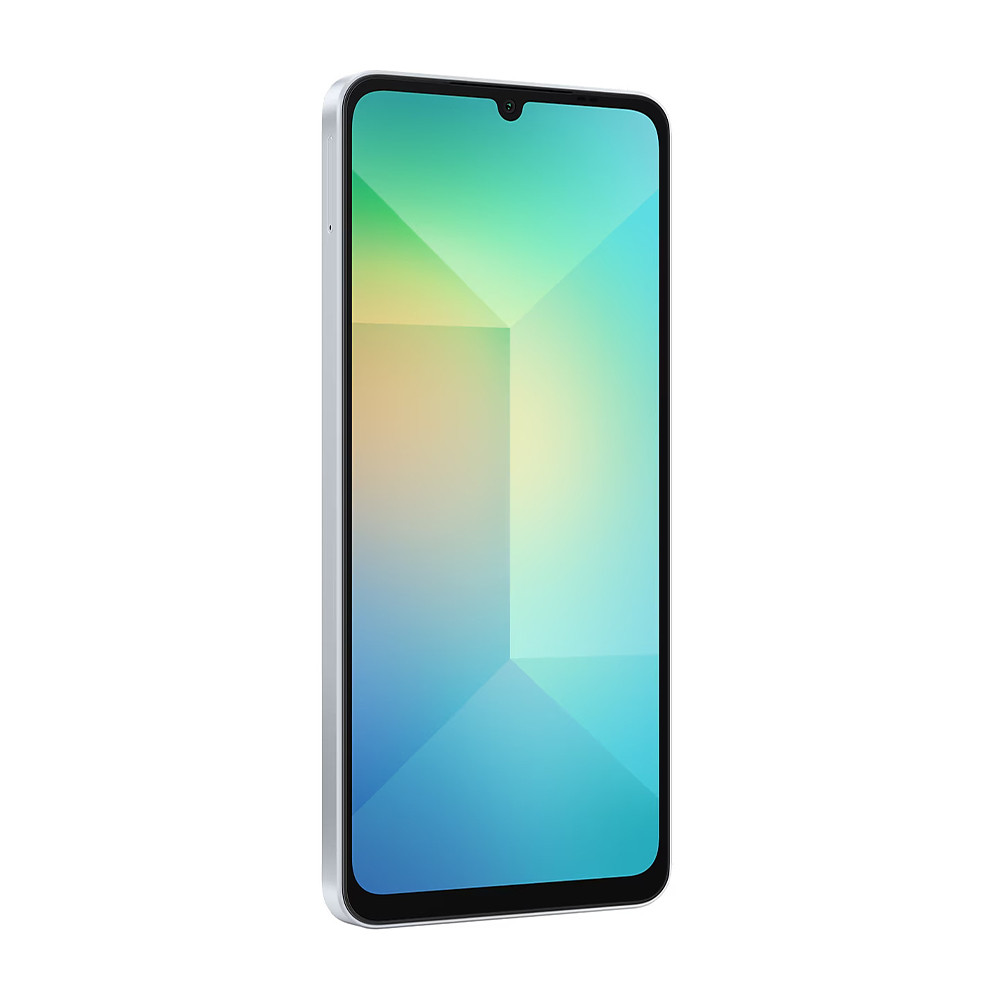 Uno smartphone con cornice argentata. Lo schermo mostra un gradiente di verde, giallo e blu. Lo sfondo è bianco.