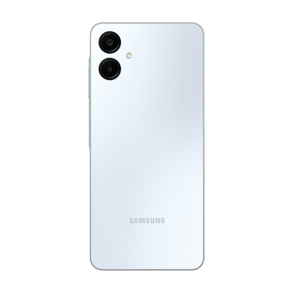 Vista posteriore di uno smartphone Samsung bianco. Ha due obiettivi e un flash. Il logo Samsung è in basso.