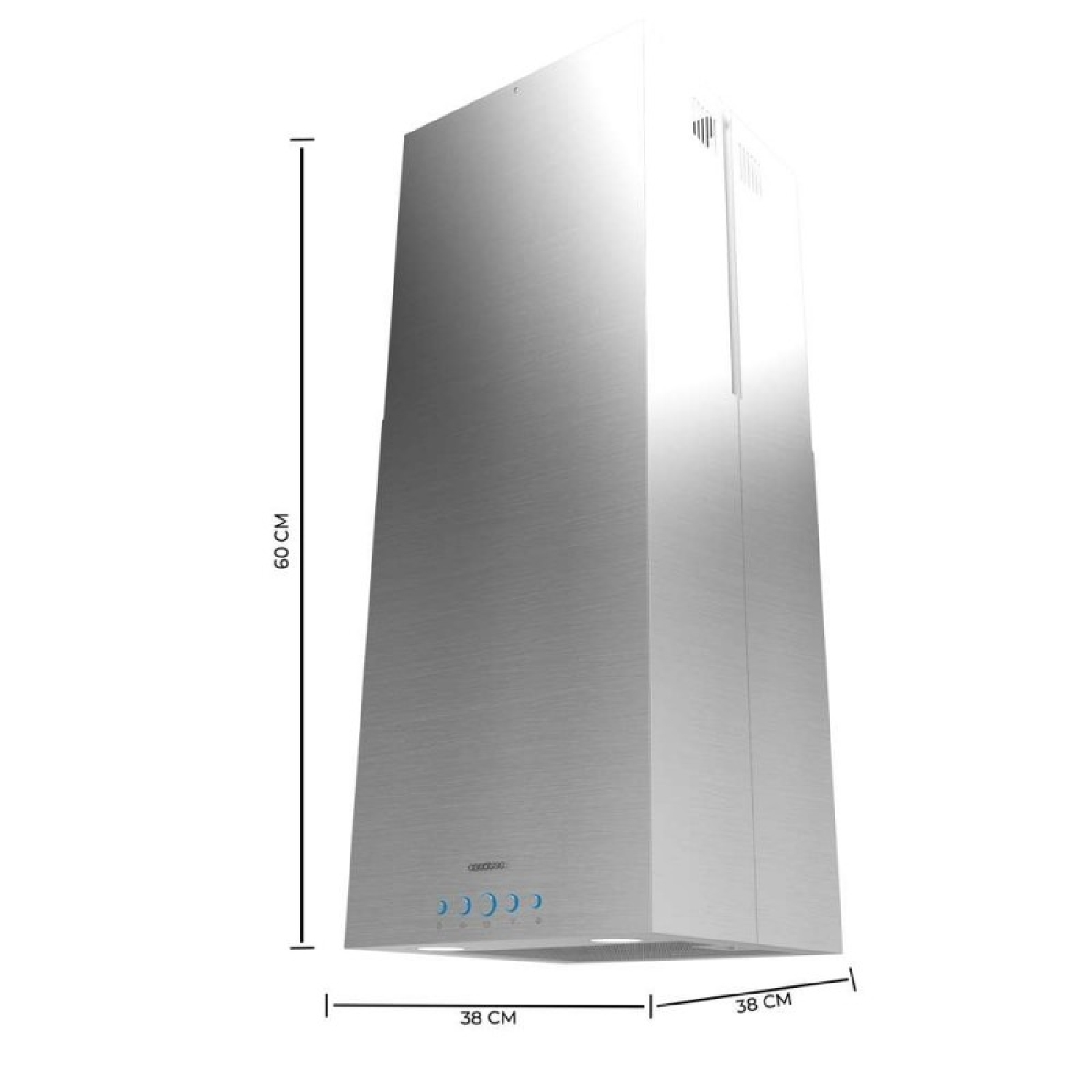 Una campana extractora de cocina de acero inoxidable. Tiene dimensiones de 38 cm x 38 cm x 60 cm. Tiene botones y un logo.