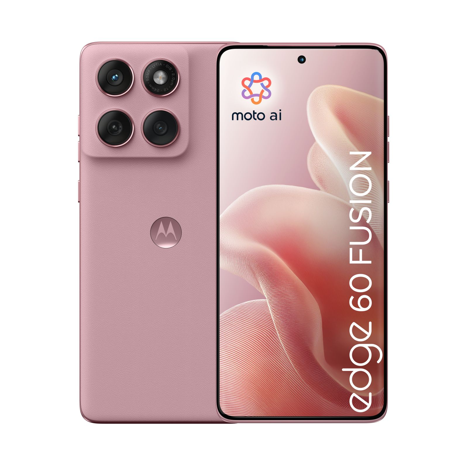 Różowy telefon Motorola Edge 60 Fusion. Posiada wiele aparatów i duży ekran z napisem 'edge 60 fusion'.