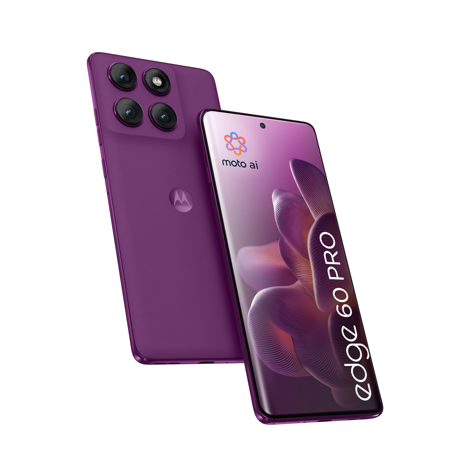 Dwa fioletowe smartfony. Jeden jest pod kątem, pokazując ekran z napisami 'moto ai' i 'edge 60 PRO'.