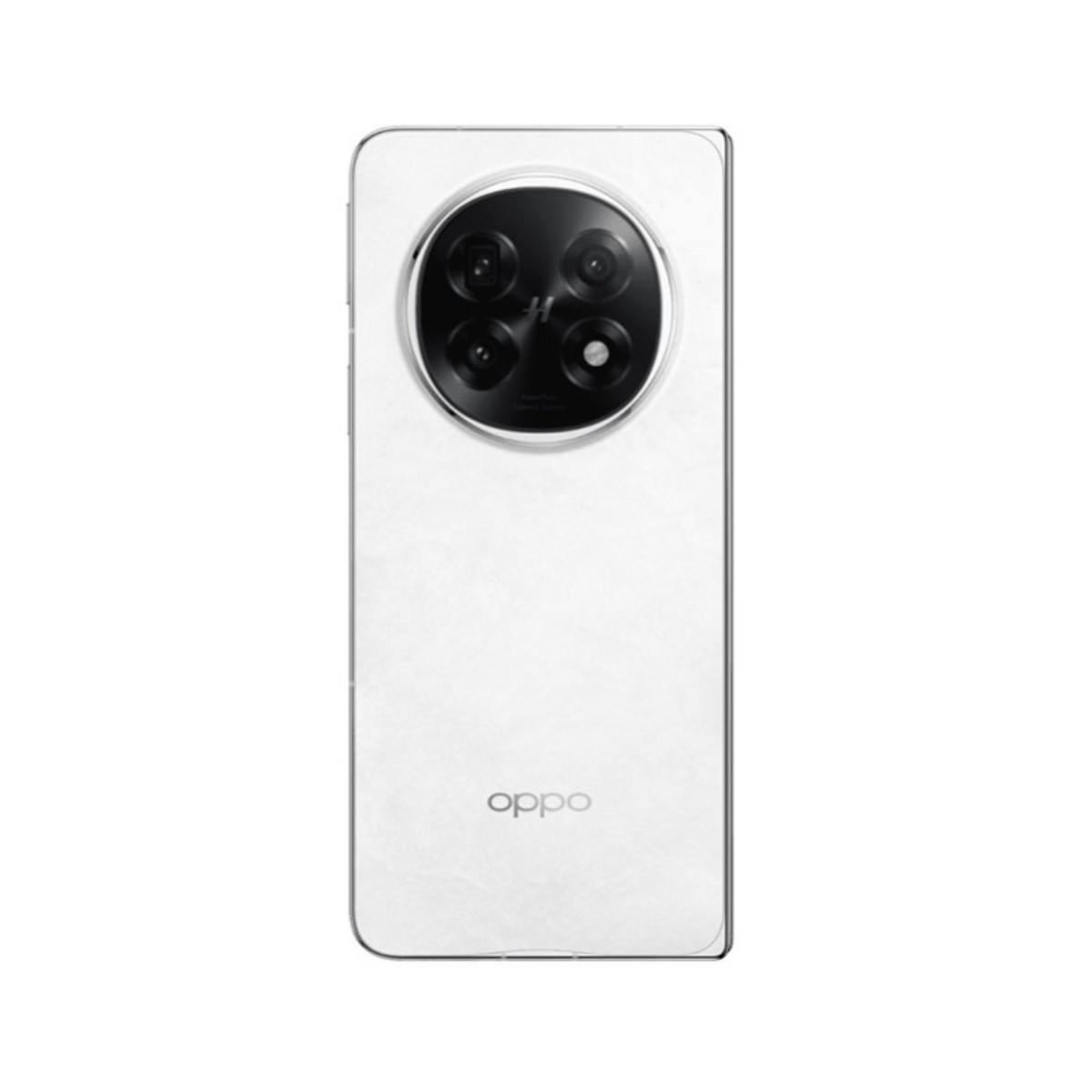 Uno smartphone Oppo bianco. Il retro ha un grande modulo fotocamera circolare con più lenti. Il logo Oppo è in basso.