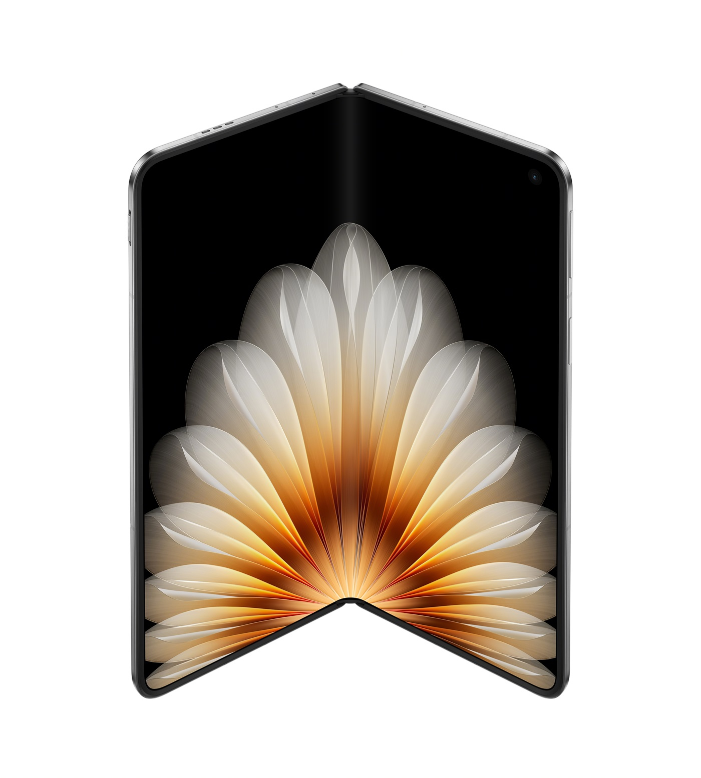 Składany smartfon, częściowo otwarty, wyświetlający kwiatowy wzór w odcieniach bieli i złota na czarnym ekranie.