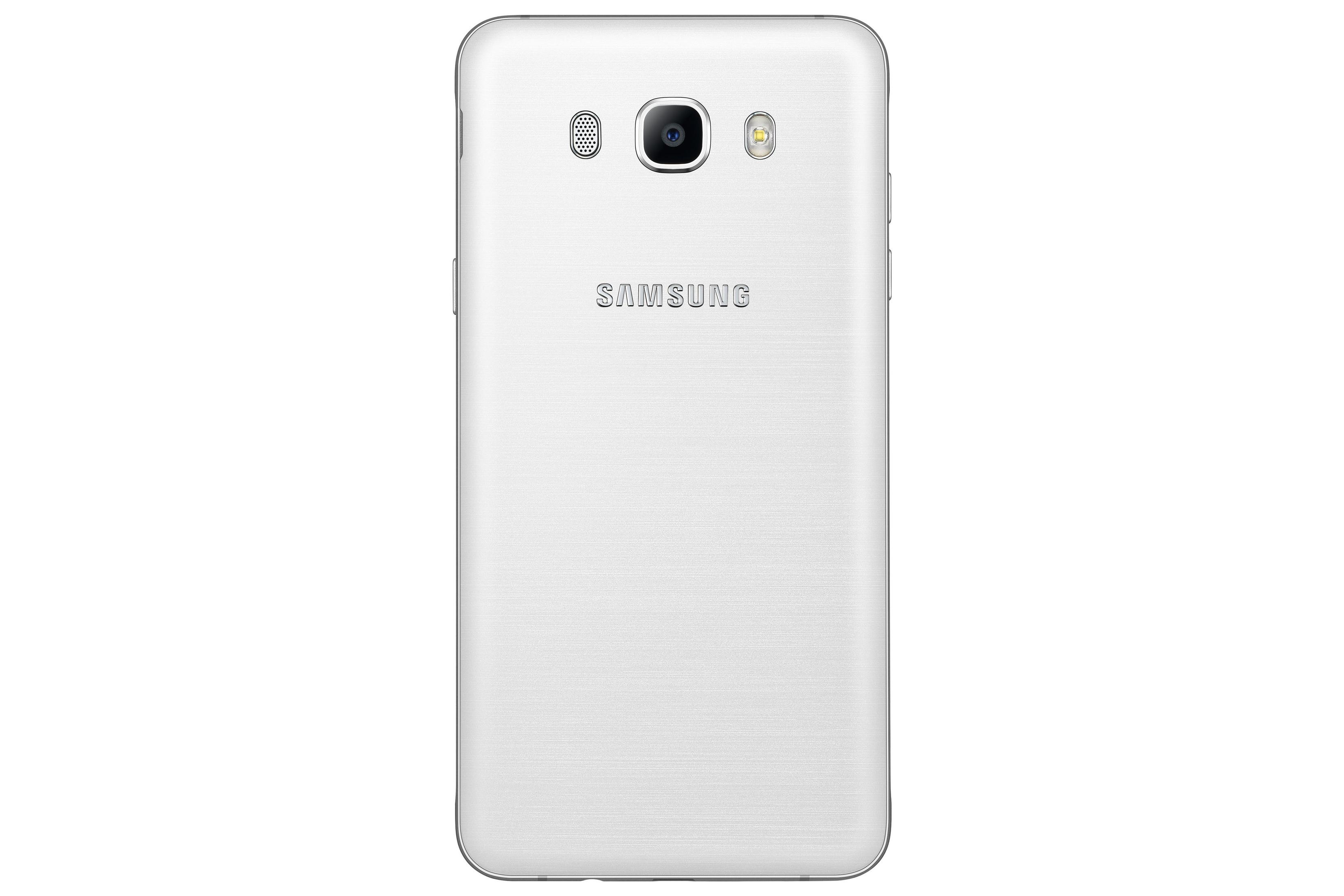 Weiße Samsung-Telefonrückseite. Merkmale: Kamera, Blitz, Lautsprecher und das Samsung-Logo.