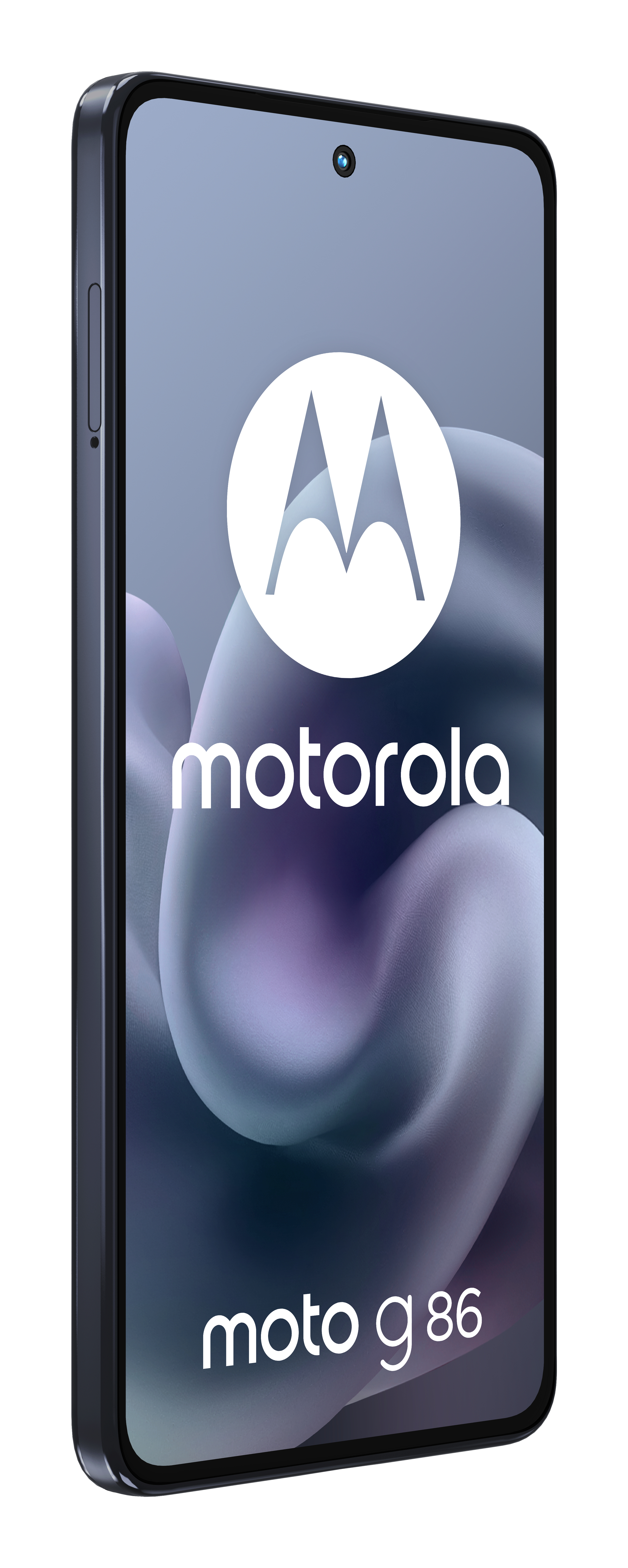 Telefon Motorola Moto G86. Ekran wyświetla logo i nazwę Motorola. Telefon ma ciemnoniebieski kolor i zaokrąglone rogi.