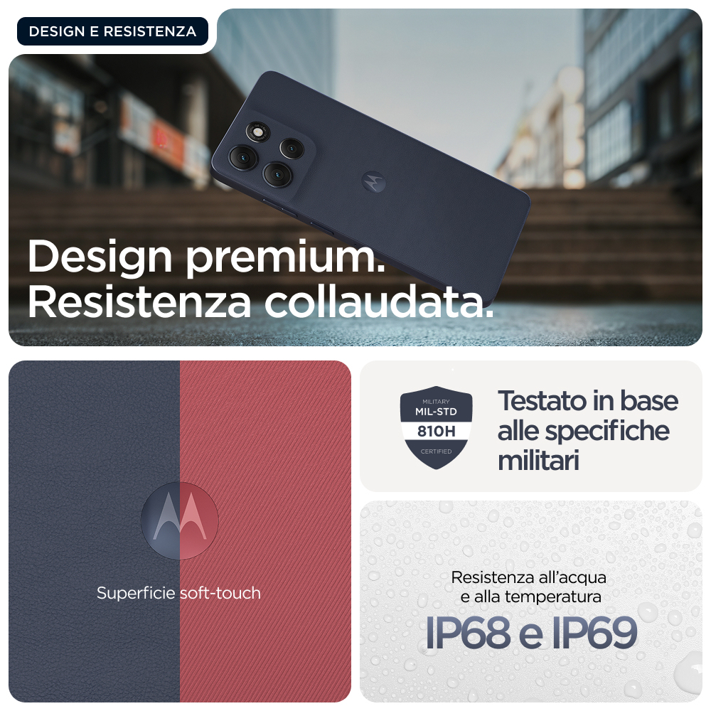 Granatowy telefon wyświetlany po przekątnej. Poniżej szczegóły dotyczące designu, miękkiej powierzchni i odporności na wodę/temperaturę.