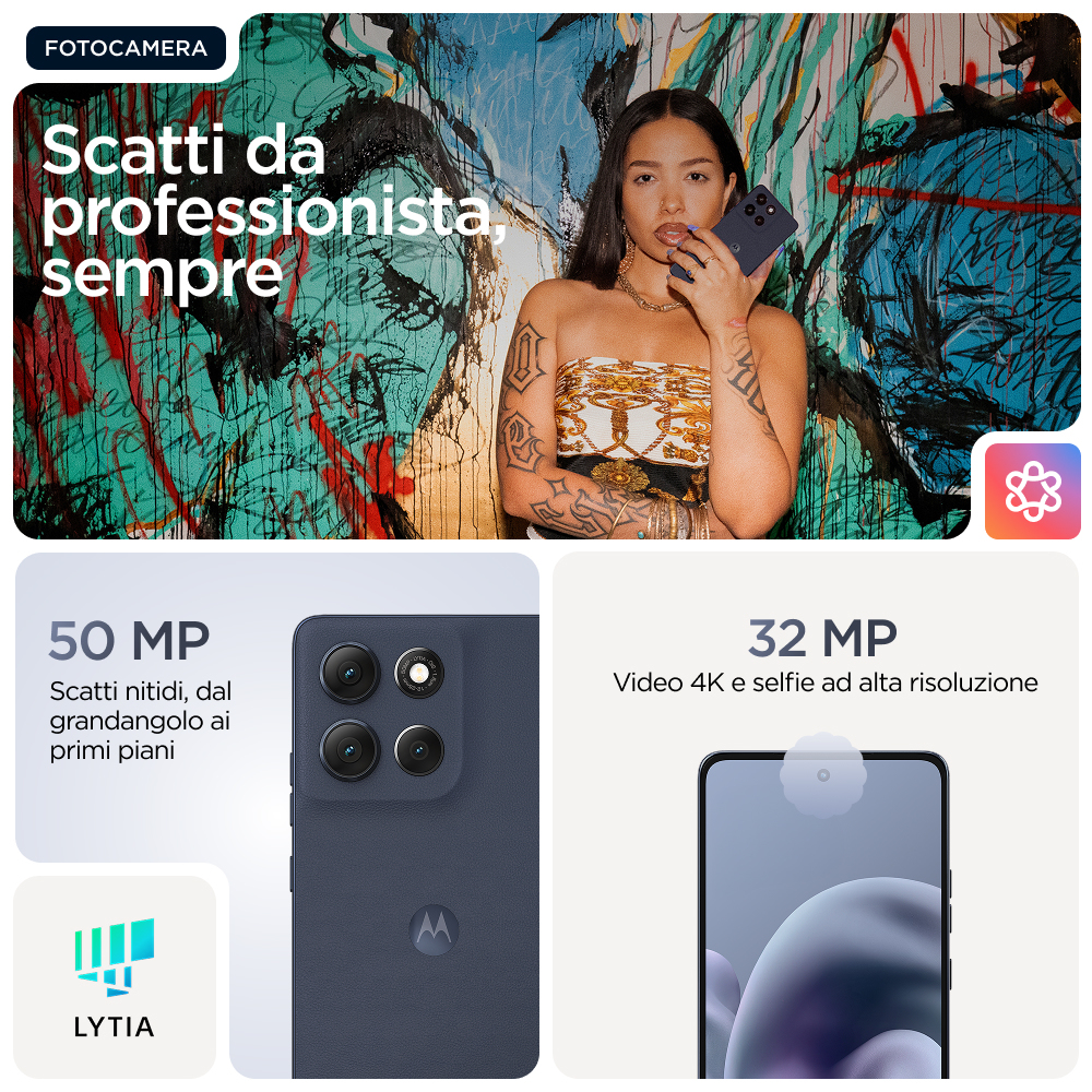 Kobieta z tatuażem trzymająca telefon. Teksty: 50MP, 32MP, Fotocamera. Telefon z trzema obiektywami i ekranem. Kolorowe tło.