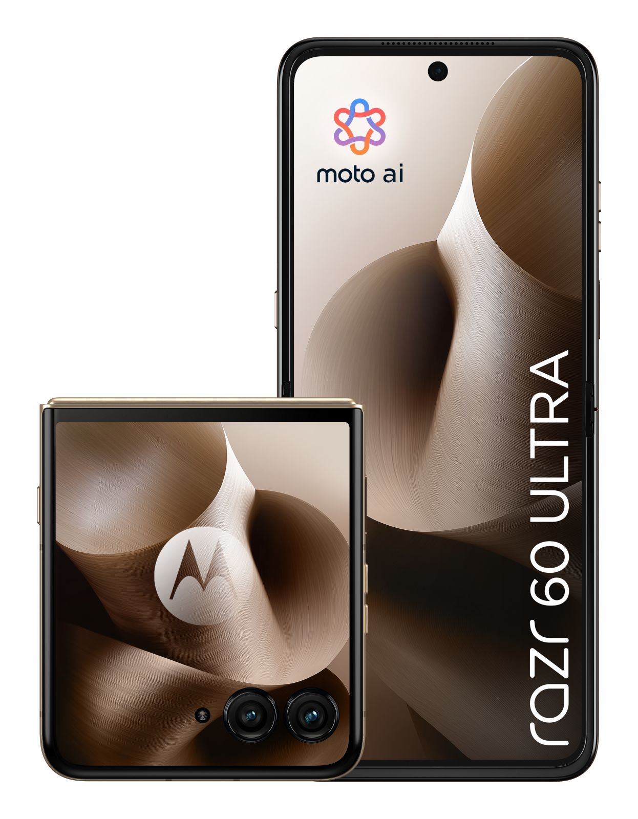 Dwa telefony Motorola Razr 60 Ultra, jeden otwarty, drugi zamknięty. Oba mają złote ramki i czarne ekrany, z widocznym logo Motorola.