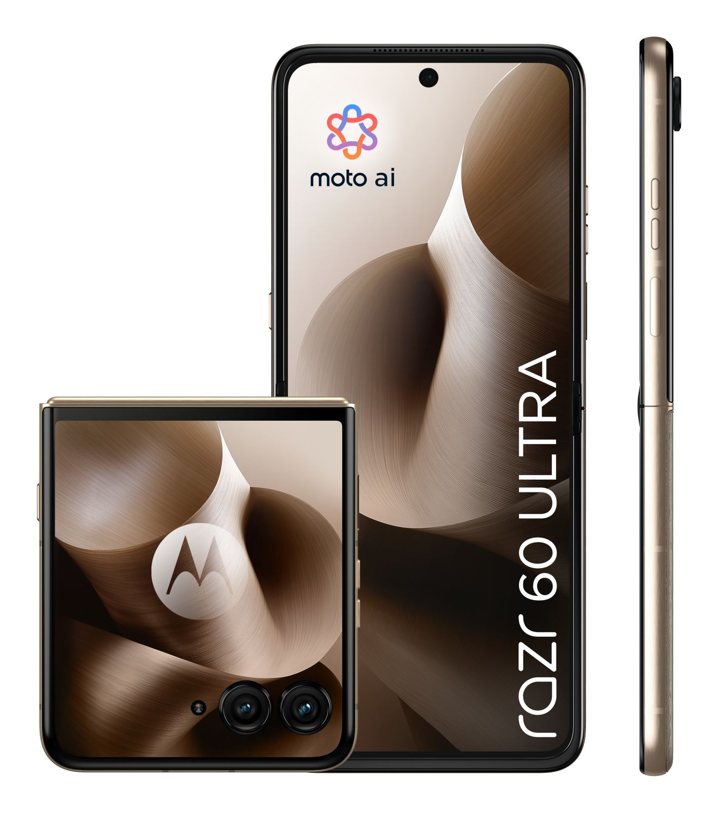 Trzy smartfony: jeden rozłożony, jeden złożony i widok z boku. Wszystkie są złote, z logo Motorola i napisem Razr 60 Ultra.