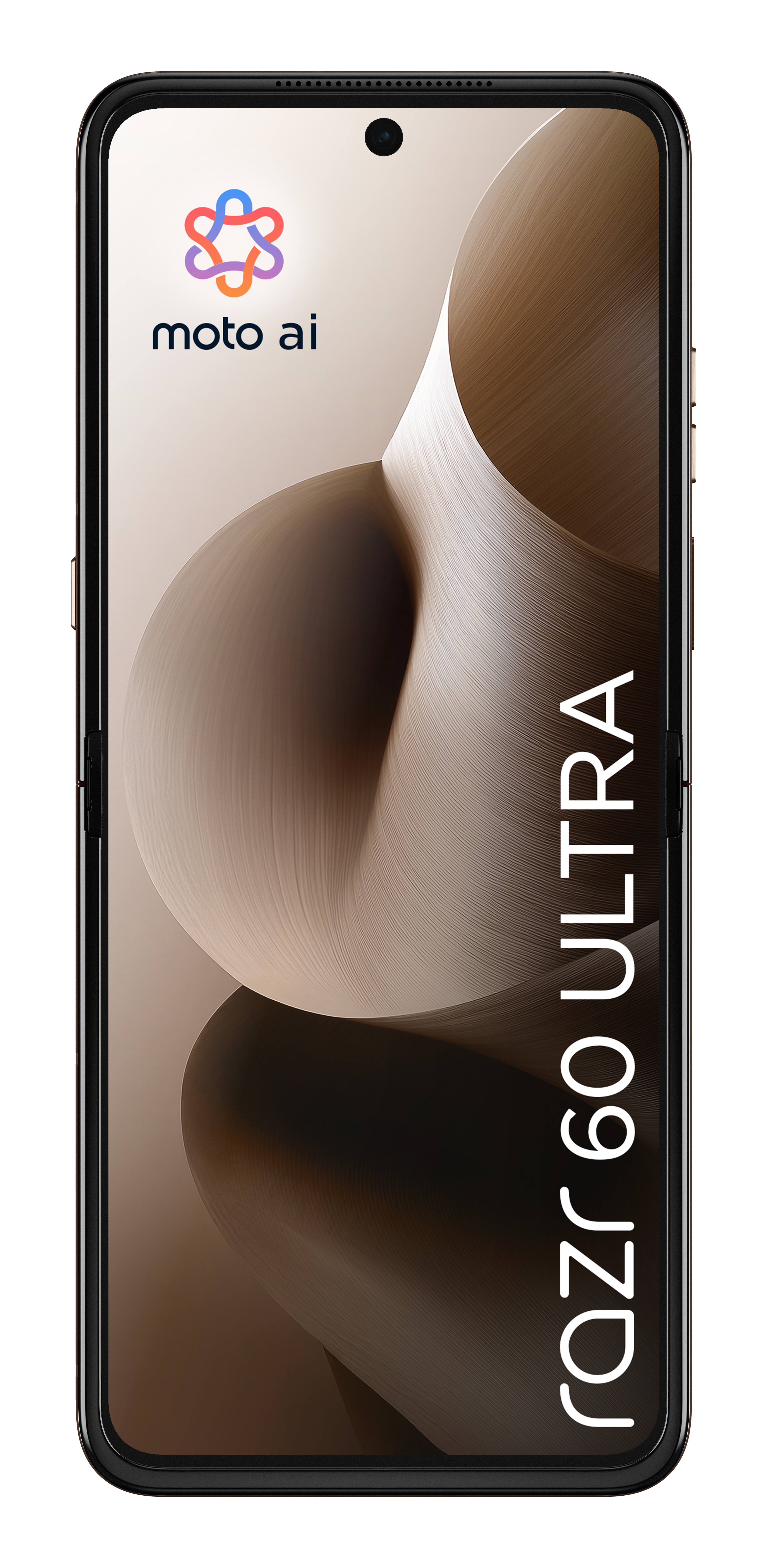 Smartfon wyświetla logo moto ai. Ekran pokazuje wirujący brązowy wzór. Telefon jest oznaczony jako razr 60 ultra.