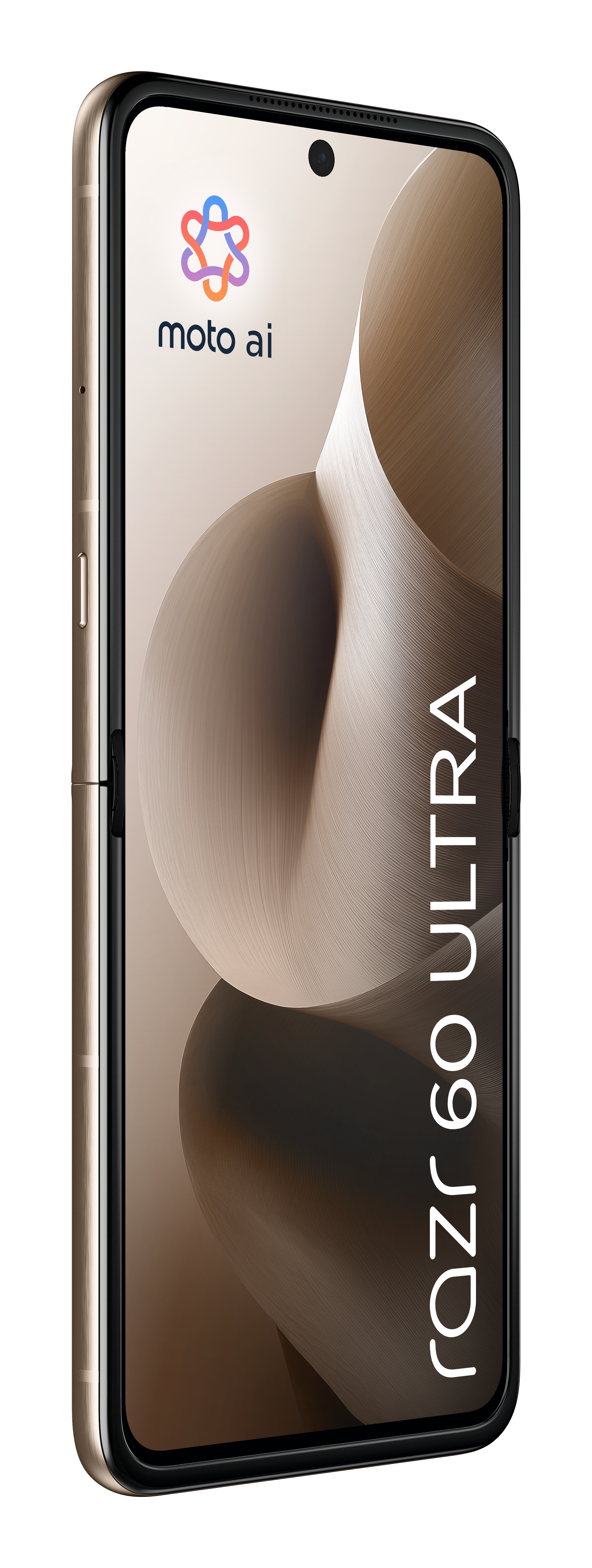 Złoty telefon Motorola Razr 60 Ultra. Ekran wyświetla logo, moto ai i beżowy abstrakcyjny wzór.