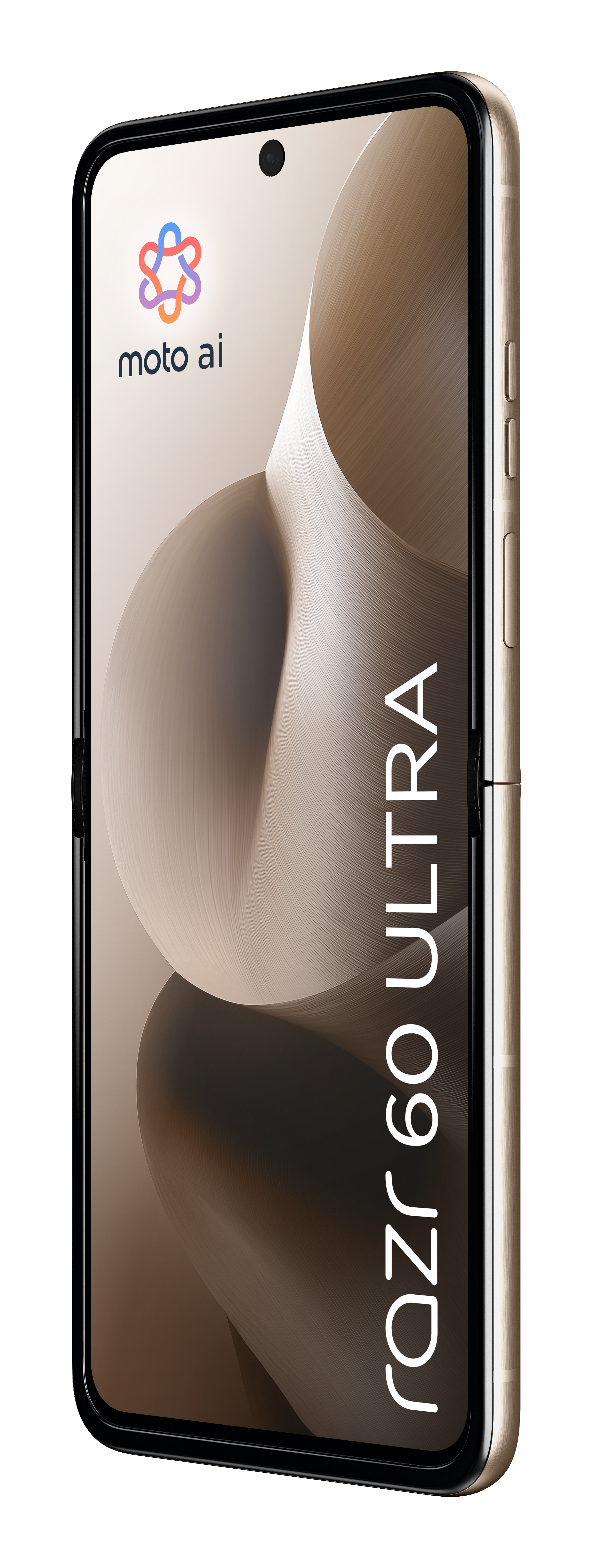 Złoty smartfon Motorola Razr 60 Ultra, częściowo otwarty. Ekran wyświetla beżowy i brązowy abstrakcyjny wzór.