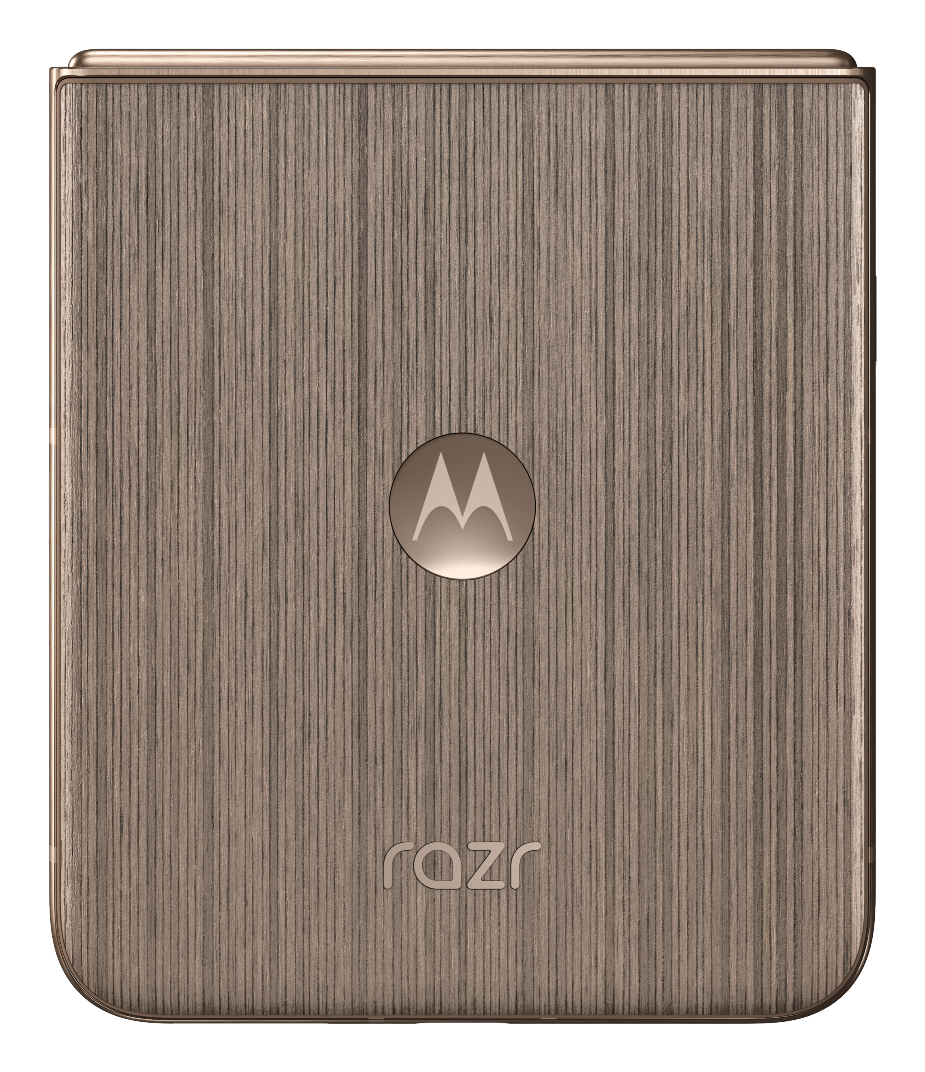 Tył telefonu. Brązowa tekstura drewna z logo Motorola i napisem 'razr' na dole.