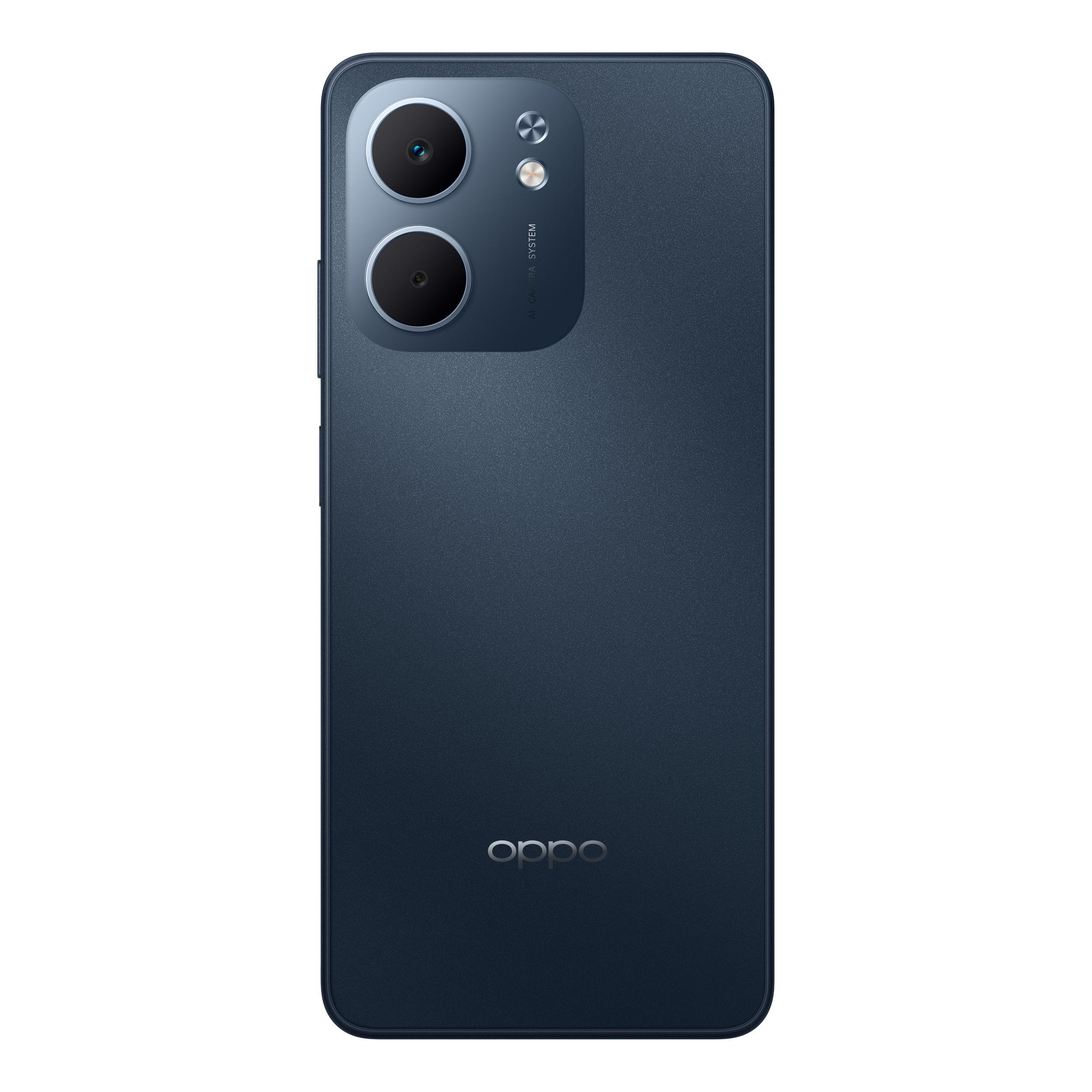 Parte trasera de un smartphone azul oscuro. Dos lentes de cámara arriba, logo Oppo abajo.