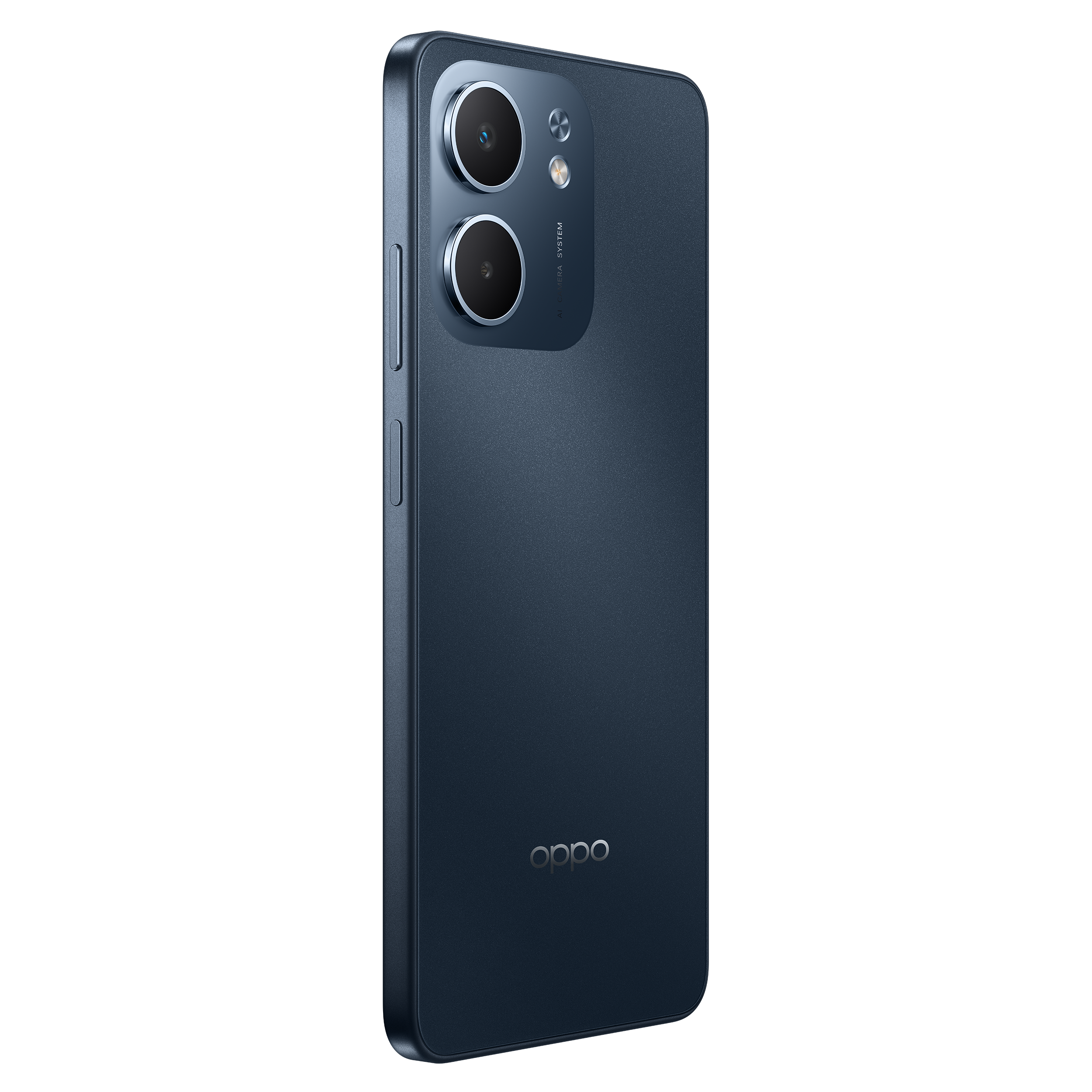 Un téléphone Oppo bleu foncé est montré en biais. Deux lentilles de caméra sont visibles. Le logo Oppo est en bas.