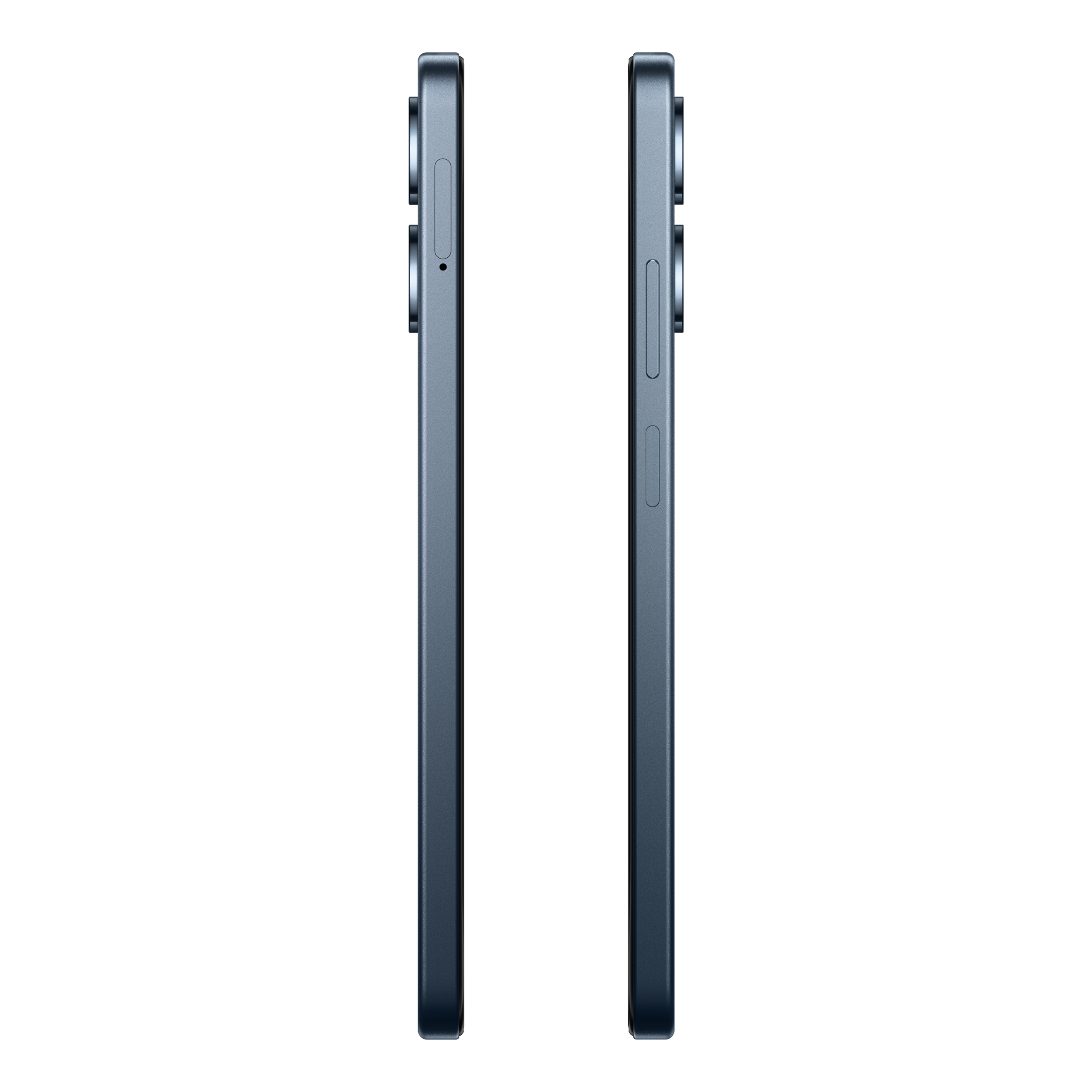 Vue latérale d'un smartphone. Il est bleu foncé, avec un écran noir. Boutons et un tiroir SIM sont visibles.