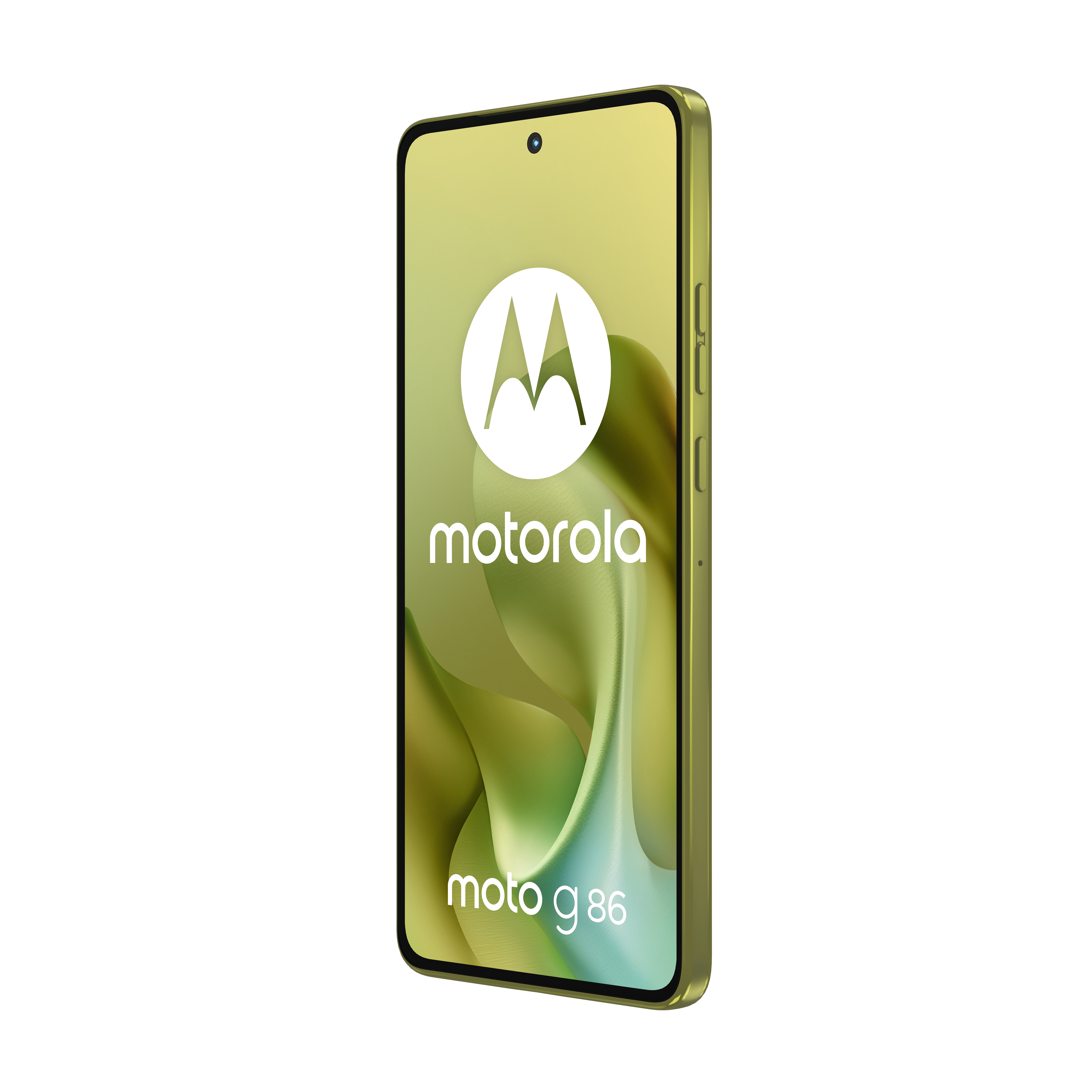 Smartfon Motorola Moto g86. Jest żółto-zielony. Ekran wyświetla logo Motorola i nazwę modelu.