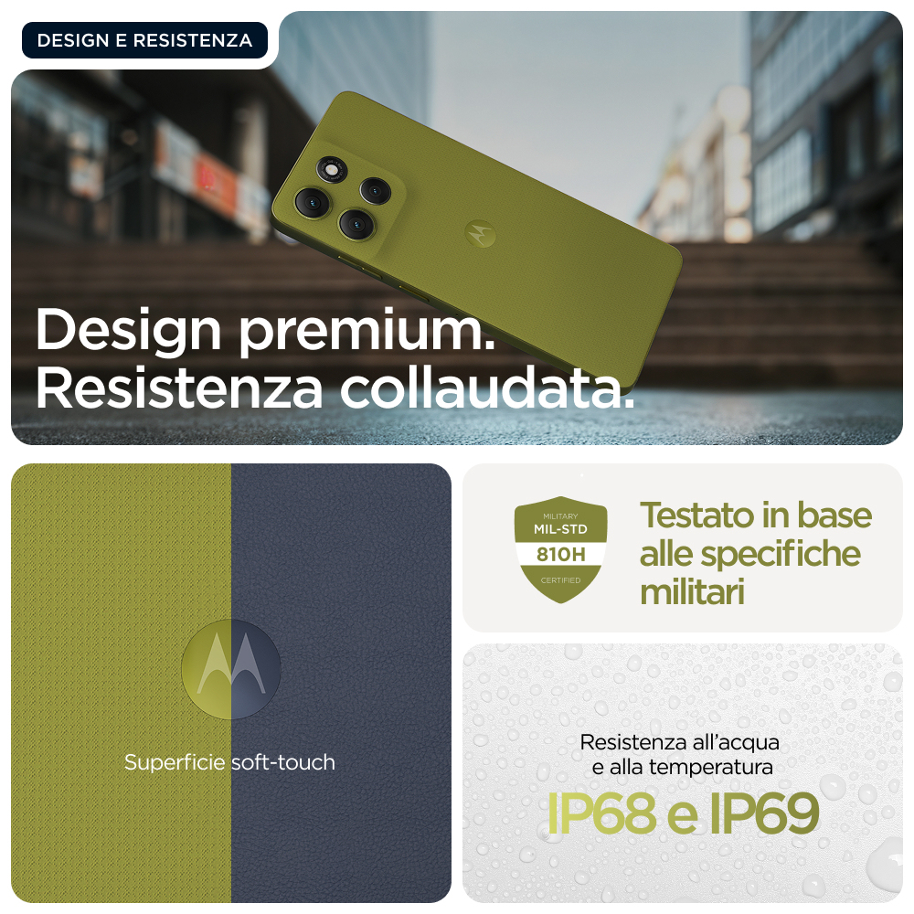 Zielony telefon z wieloma aparatami na rozmytym tle. Tekst podkreśla cechy designu i odporności.
