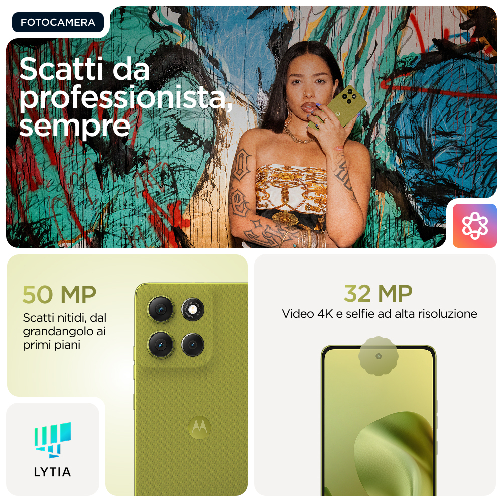 Kobieta trzyma zielony telefon. Tekst mówi '50 MP' i '32 MP'. Tło to kolorowe graffiti.