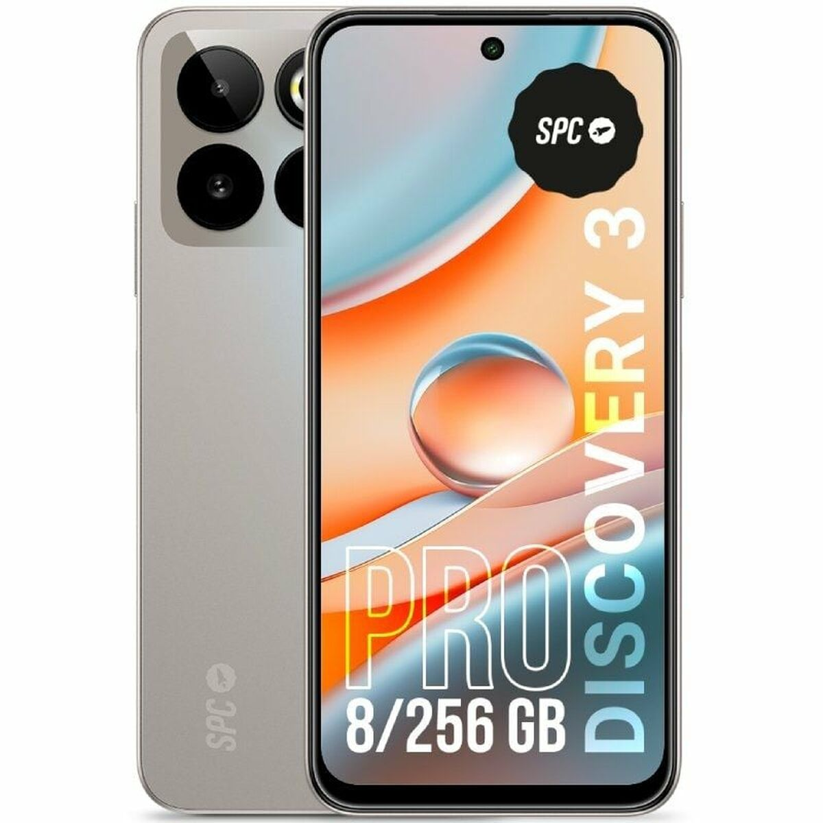 Srebrny smartfon SPC Discovery 3 Pro. Wyświetlacz pokazuje abstrakcyjny design, tekst: PRO, DISCOVERY 3, 8/256 GB. Wiele tylnych aparatów.