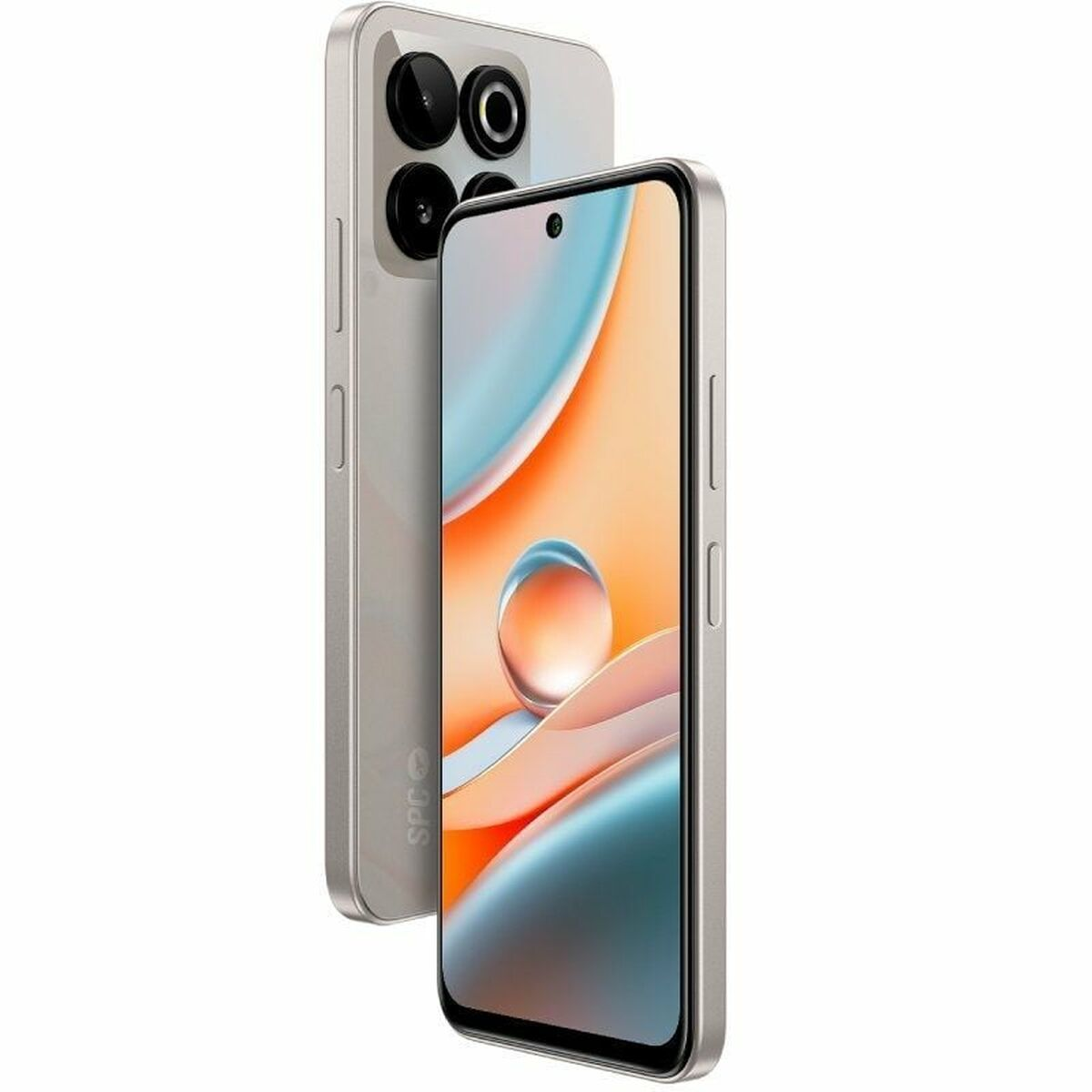 Srebrny smartfon z wieloma aparatami z tyłu. Ekran wyświetla abstrakcyjny wzór w kolorach pomarańczowym i niebieskim.