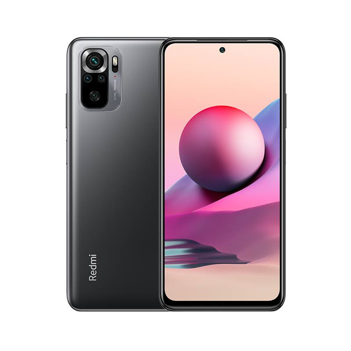 Un telefono Redmi grigio, che mostra entrambi i lati. Lo schermo mostra una sfera rosa e forme astratte. Il retro ha fotocamere.