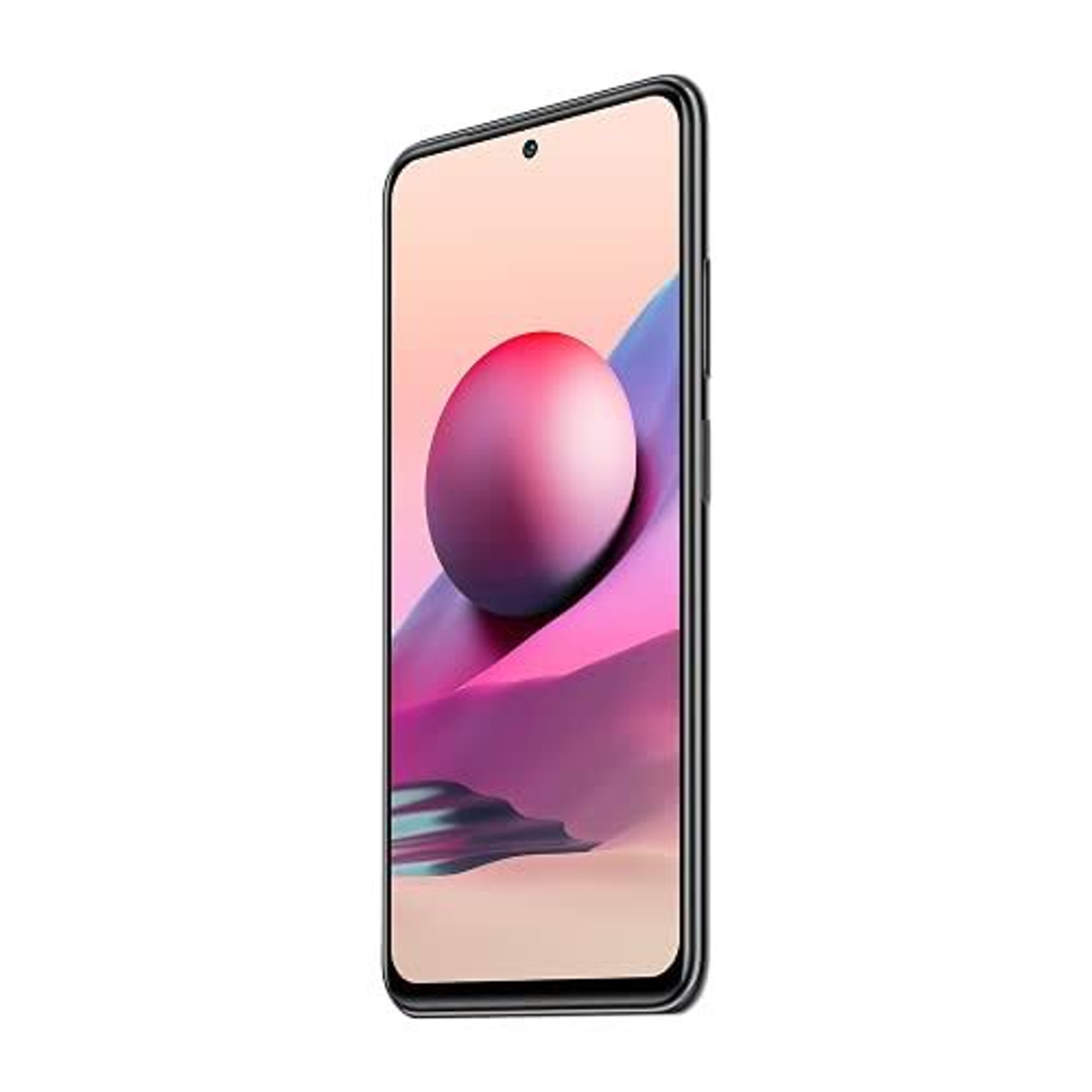 Uno smartphone nero mostra un'immagine astratta di una sfera rosa con elementi viola e blu. Il telefono è leggermente angolato.