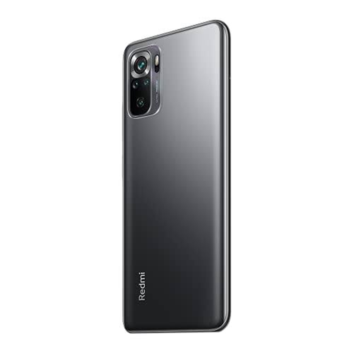 Uno smartphone grigio scuro con un array di fotocamere in alto a sinistra. Il logo Redmi è in basso, su sfondo bianco.