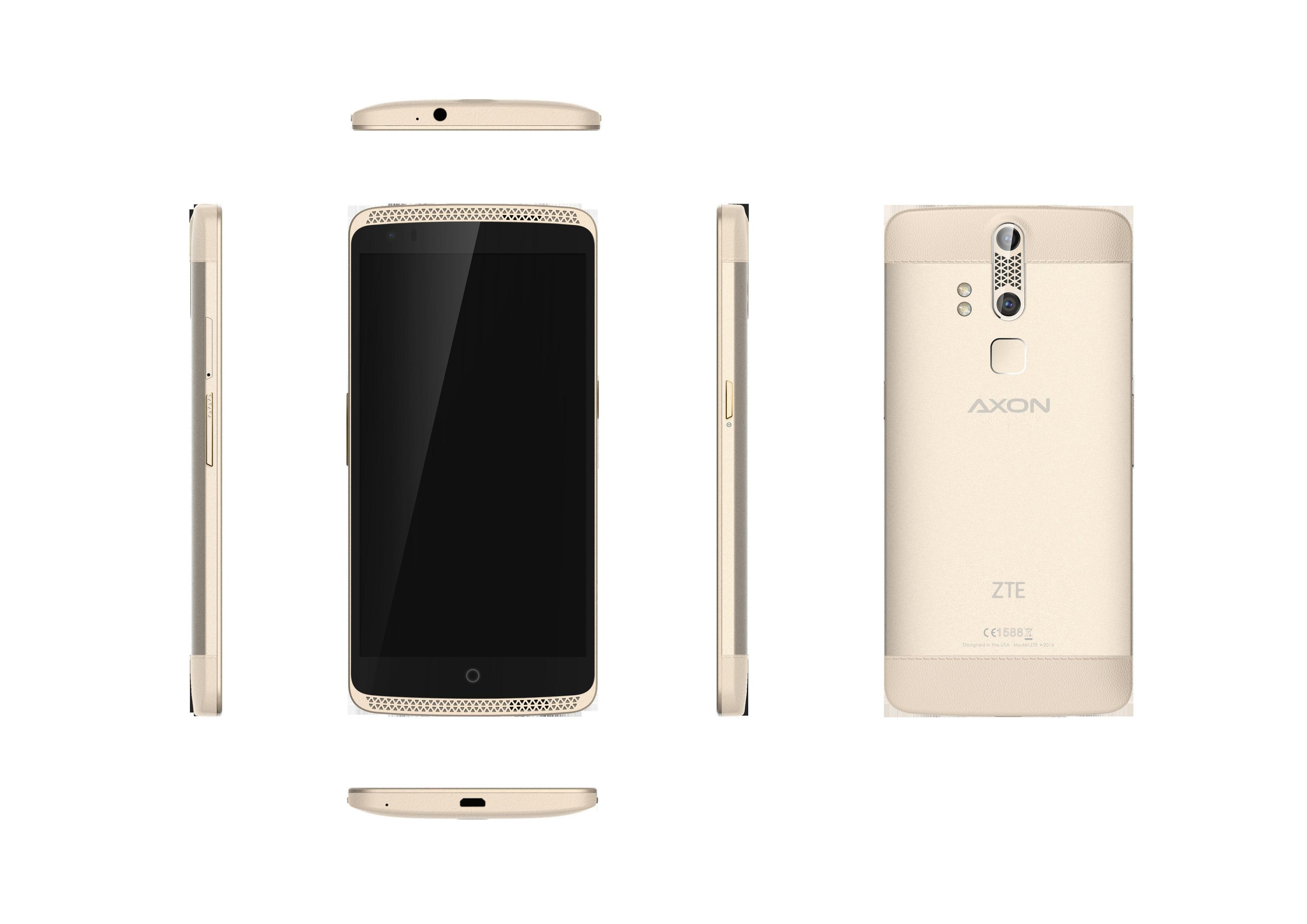 Ein goldenes ZTE Axon-Telefon wird aus verschiedenen Blickwinkeln gezeigt. Das Telefon hat einen schwarzen Bildschirm und befindet sich auf weißem Hintergrund.