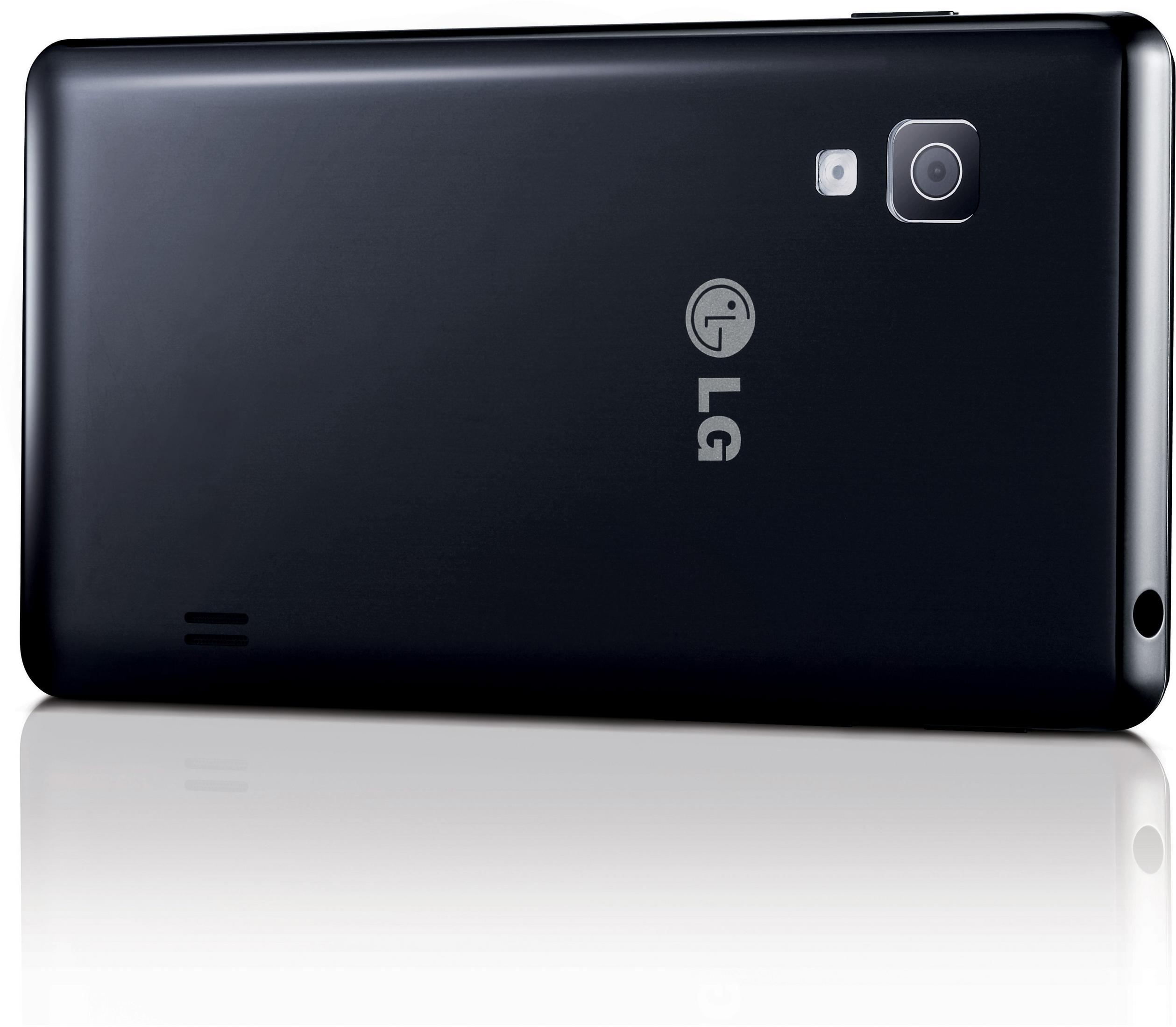 Schwarze Smartphone-Rückseite. Kamera, Blitz und LG-Logo sind sichtbar. Das Telefon liegt auf einer reflektierenden Oberfläche.