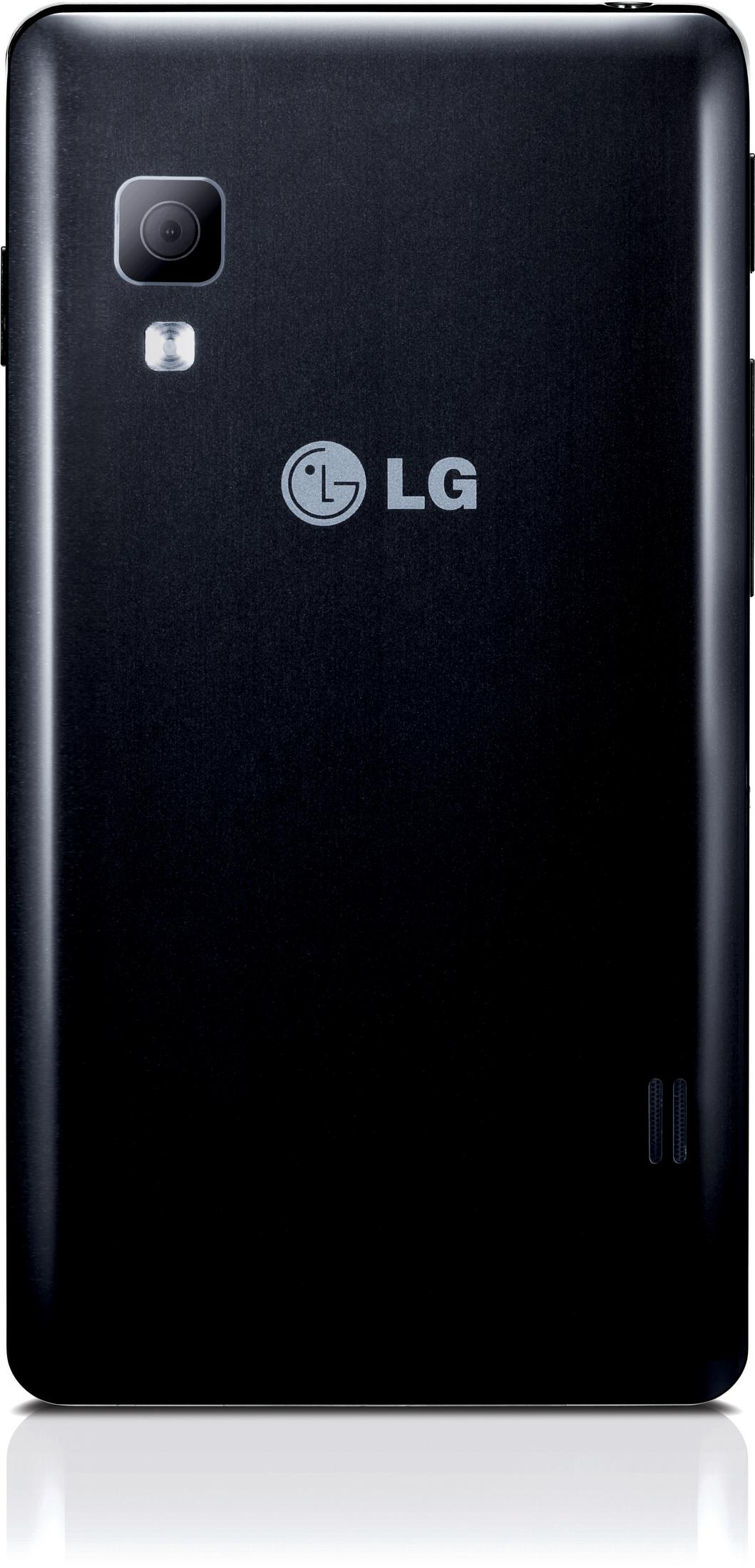 Rückseite eines schwarzen LG-Smartphones mit Kamera, Blitz und LG-Logo. Das Telefon liegt auf einer weißen Oberfläche.