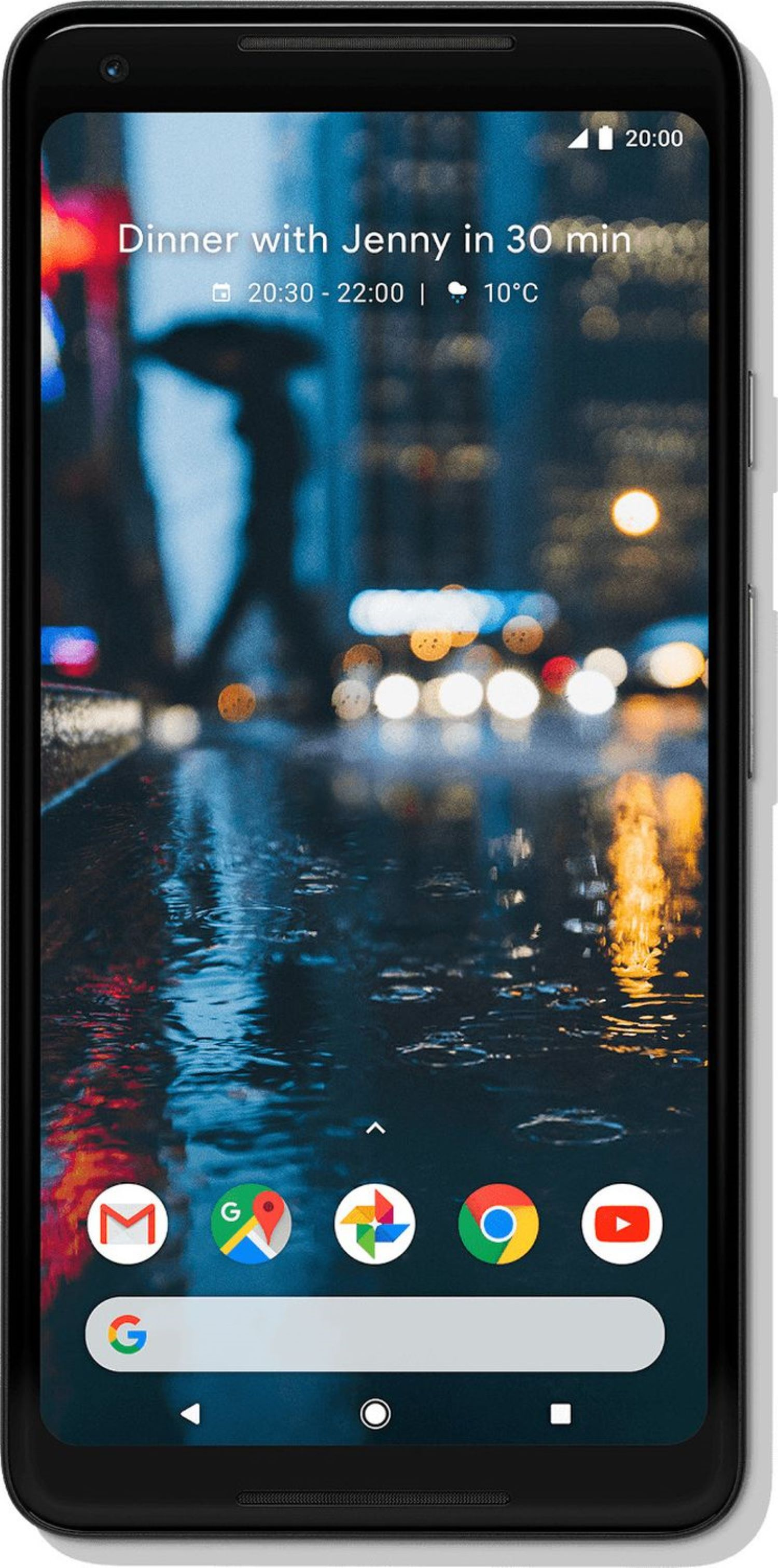 Smartphone-Bildschirm mit einer regnerischen Nachtszene. Symbole unten. Benachrichtigung: Abendessen mit Jenny in 30 Minuten.