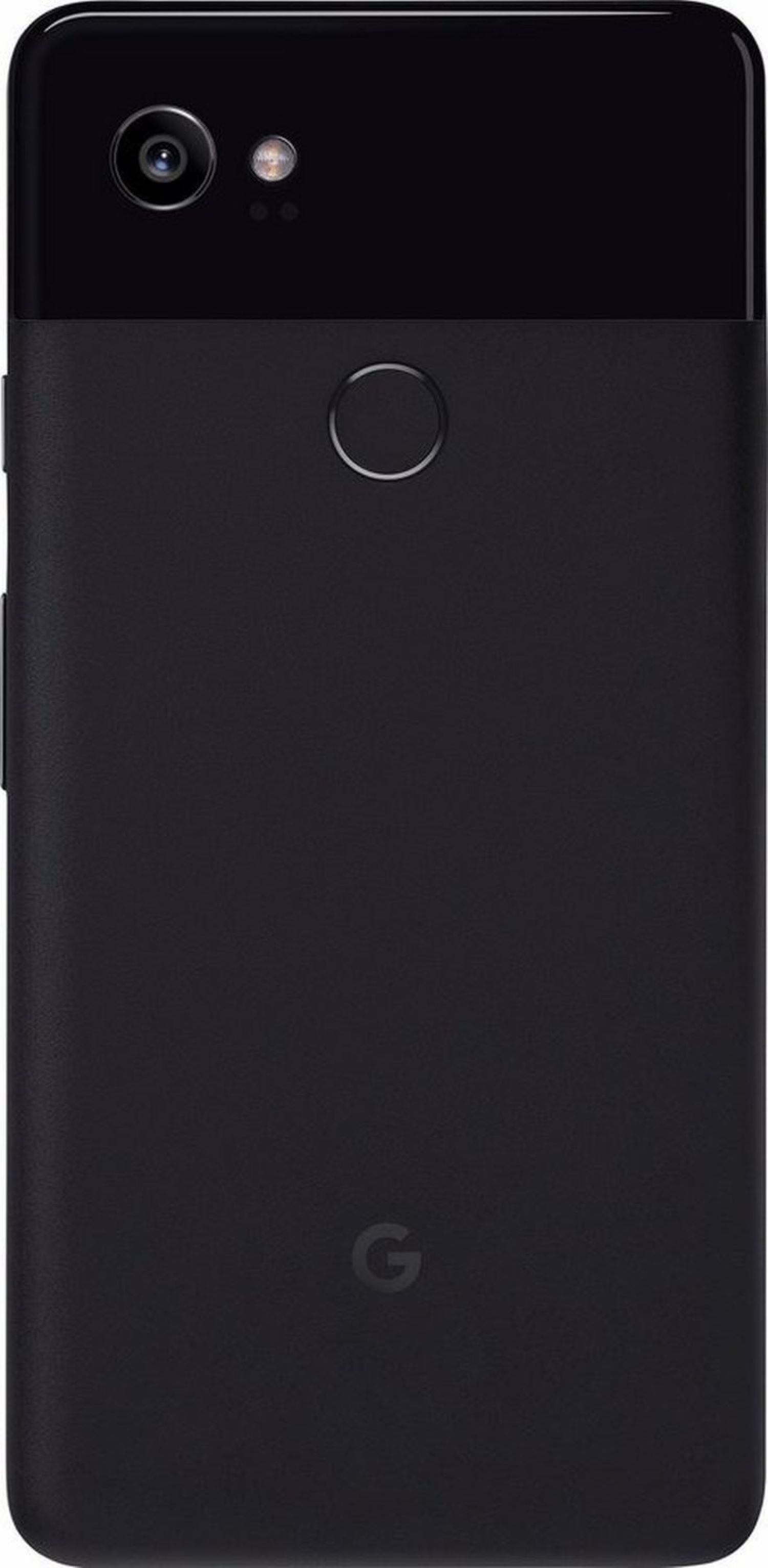 Schwarze Smartphone-Rückseite. Sie hat eine Kamera, einen Blitz und einen Fingerabdrucksensor. Das Google-Logo ist unten.