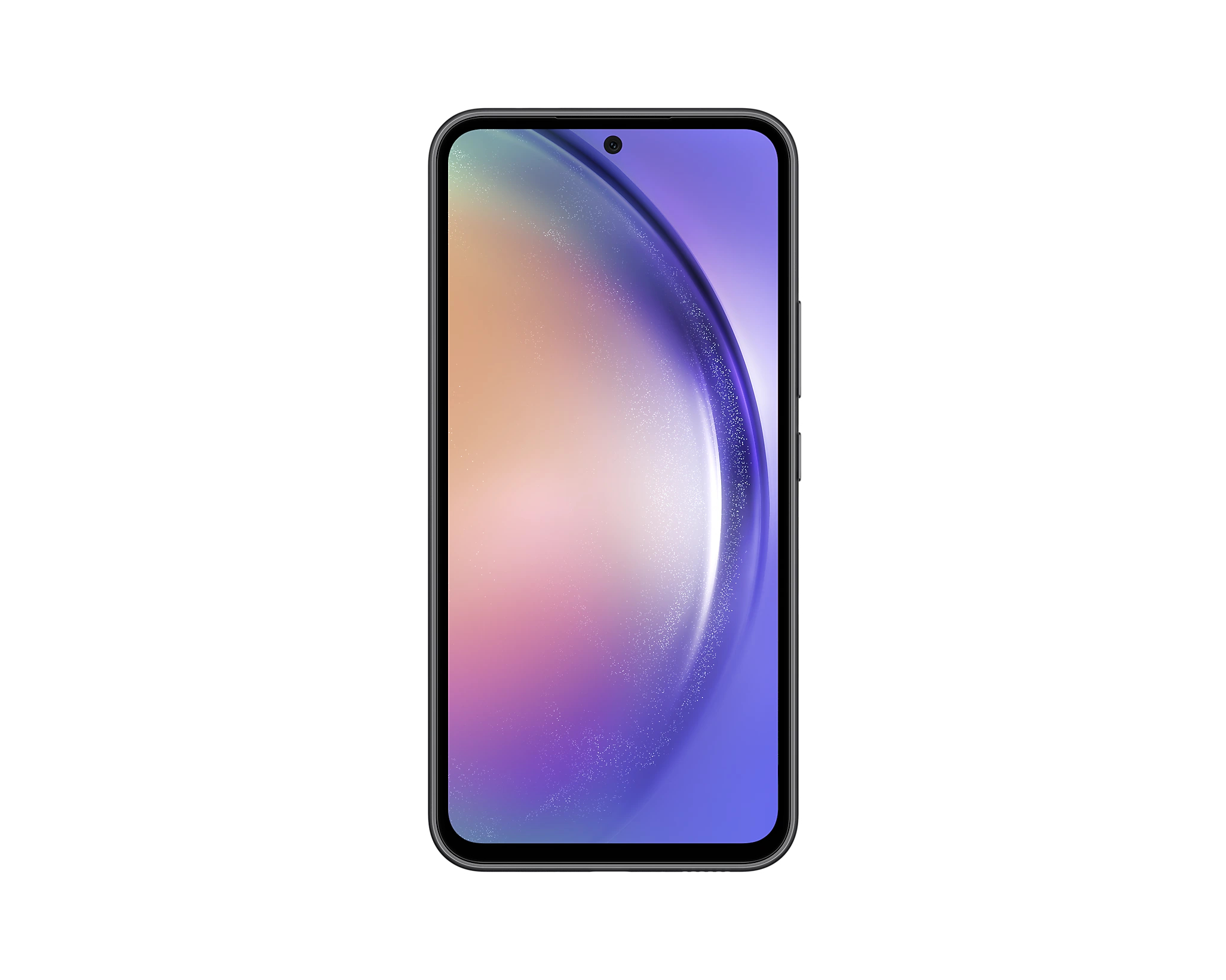 Uno smartphone con schermo colorato, che mostra una sfumatura di rosa, viola e blu. Cornice nera, su sfondo bianco.