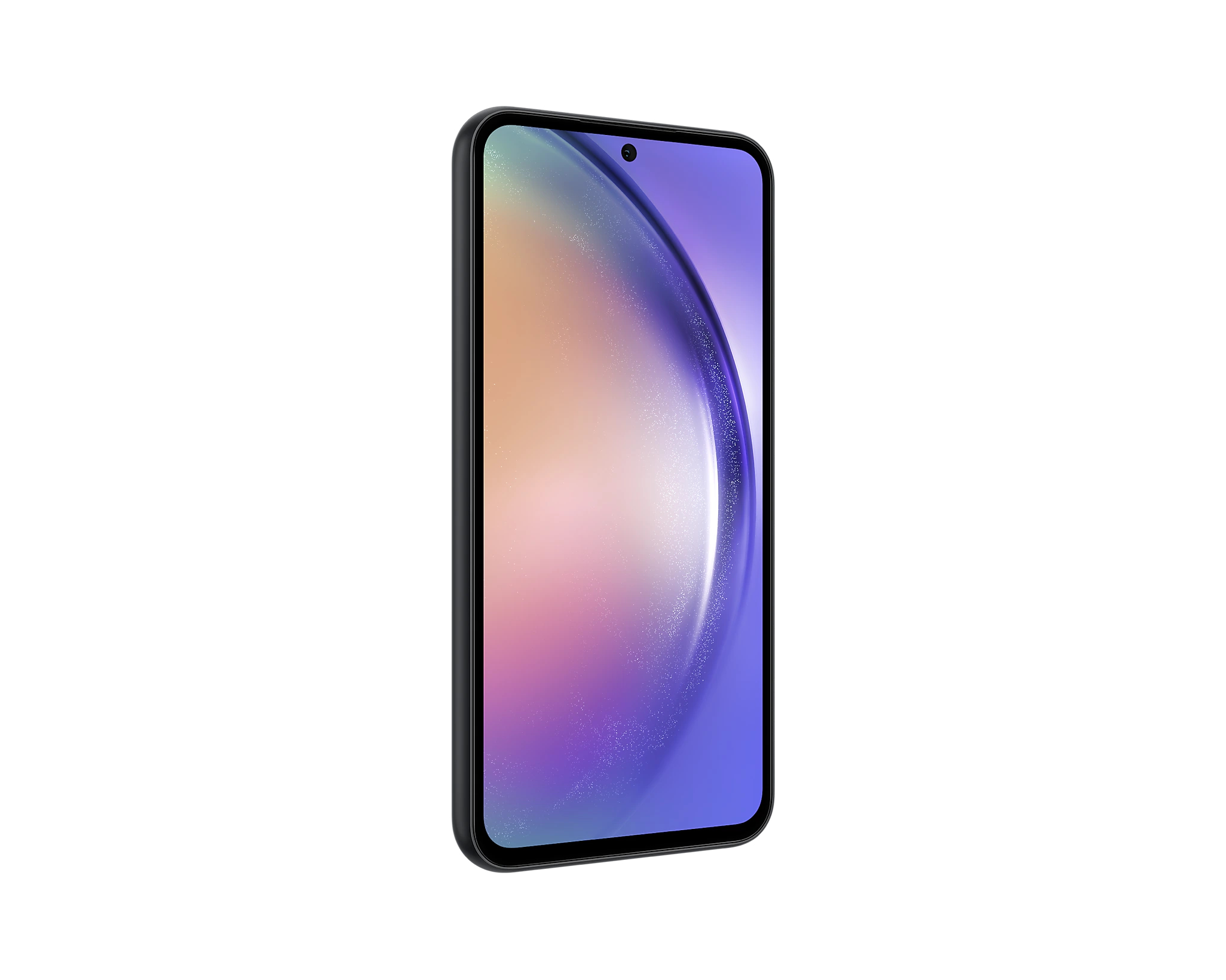 Uno smartphone nero con display sfumato, che mostra colori rosa, arancione e blu. Sfondo bianco.