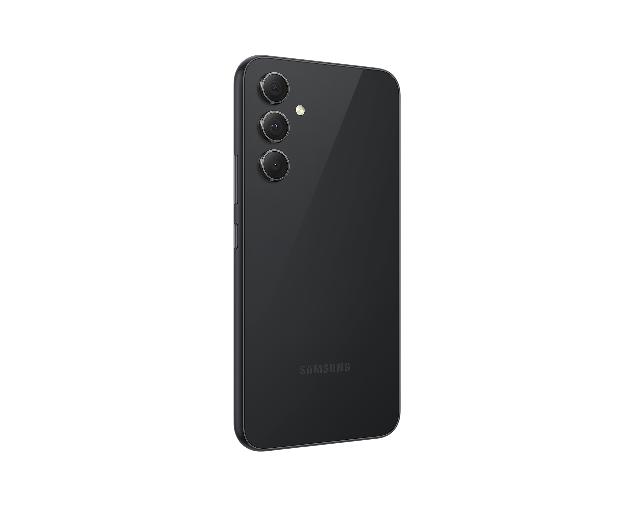Telefono Samsung nero con tre fotocamere, un flash e il logo Samsung.