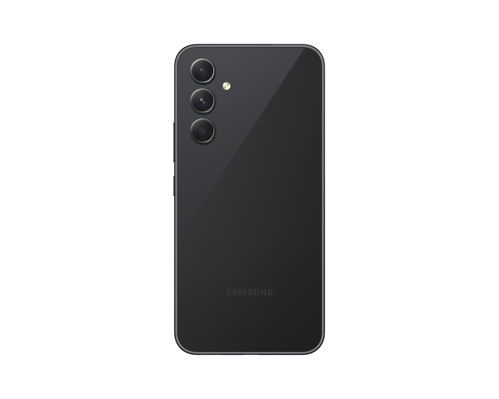 Retro del telefono Samsung nero. Presenta tre fotocamere, un flash e il nome del marchio. Il telefono è su sfondo bianco.