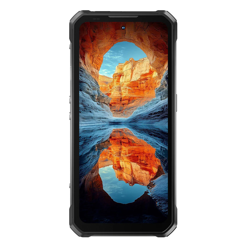 Telefono robusto che mostra un riflesso del canyon. Lo schermo mostra scogliere arancioni, acqua blu e cielo, incorniciato in nero.