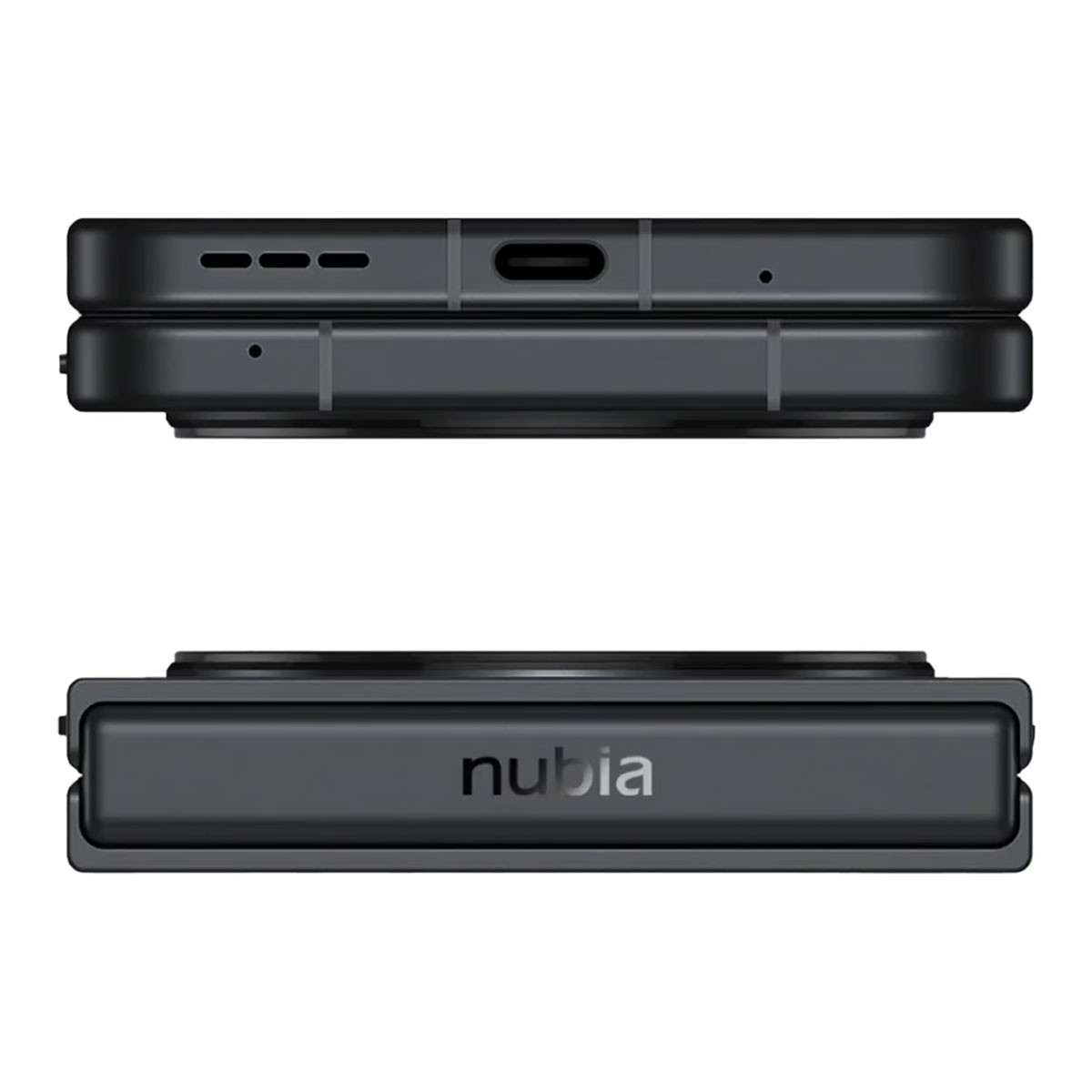 Czarny, złożony telefon z logo nubia. Posiada port USB-C, otwory głośnikowe i mały aparat. Telefon jest na białym tle.