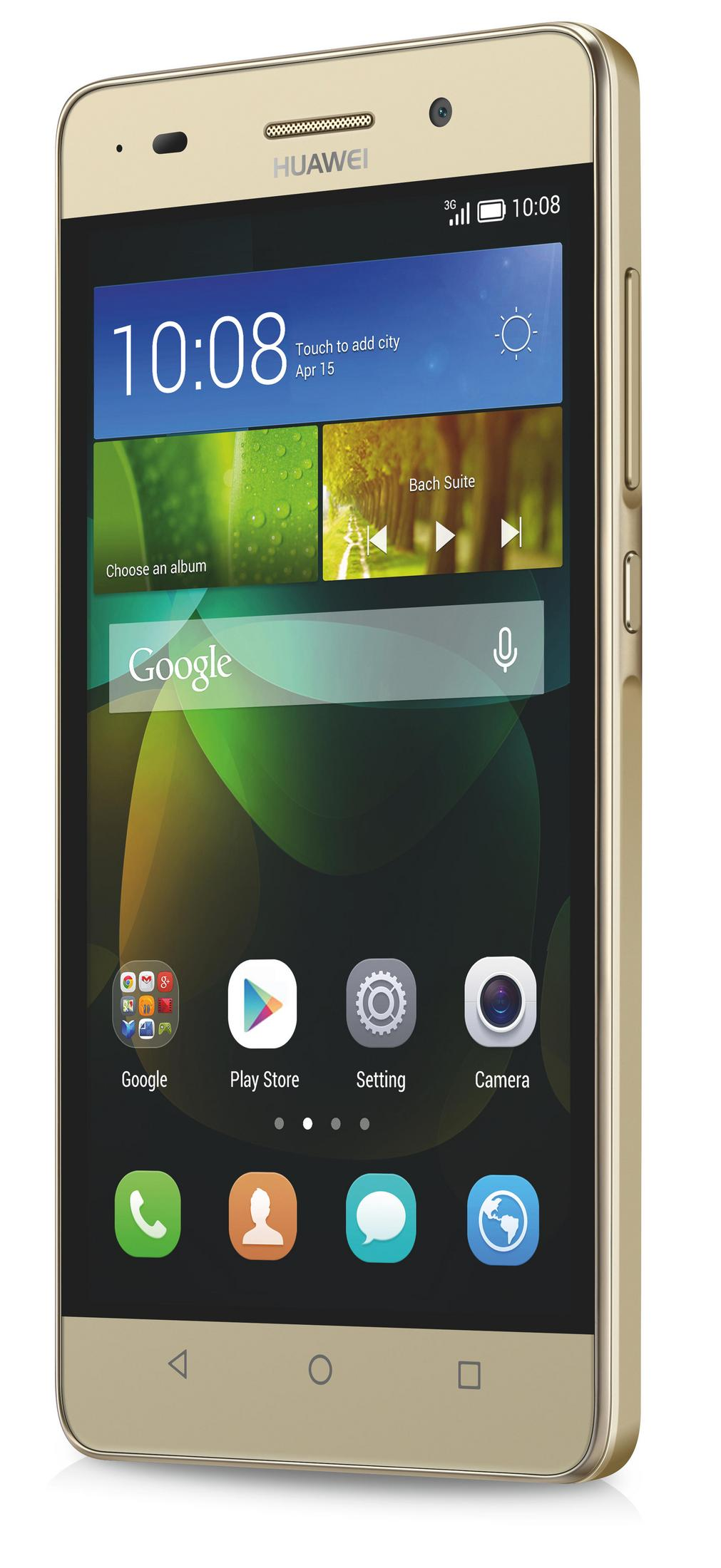 Ein goldenes Huawei-Smartphone zeigt die Uhrzeit, App-Symbole und ein Wetter-Widget an. Der Bildschirm zeigt '10:08' und 'Tippen, um Stadt hinzuzufügen'.