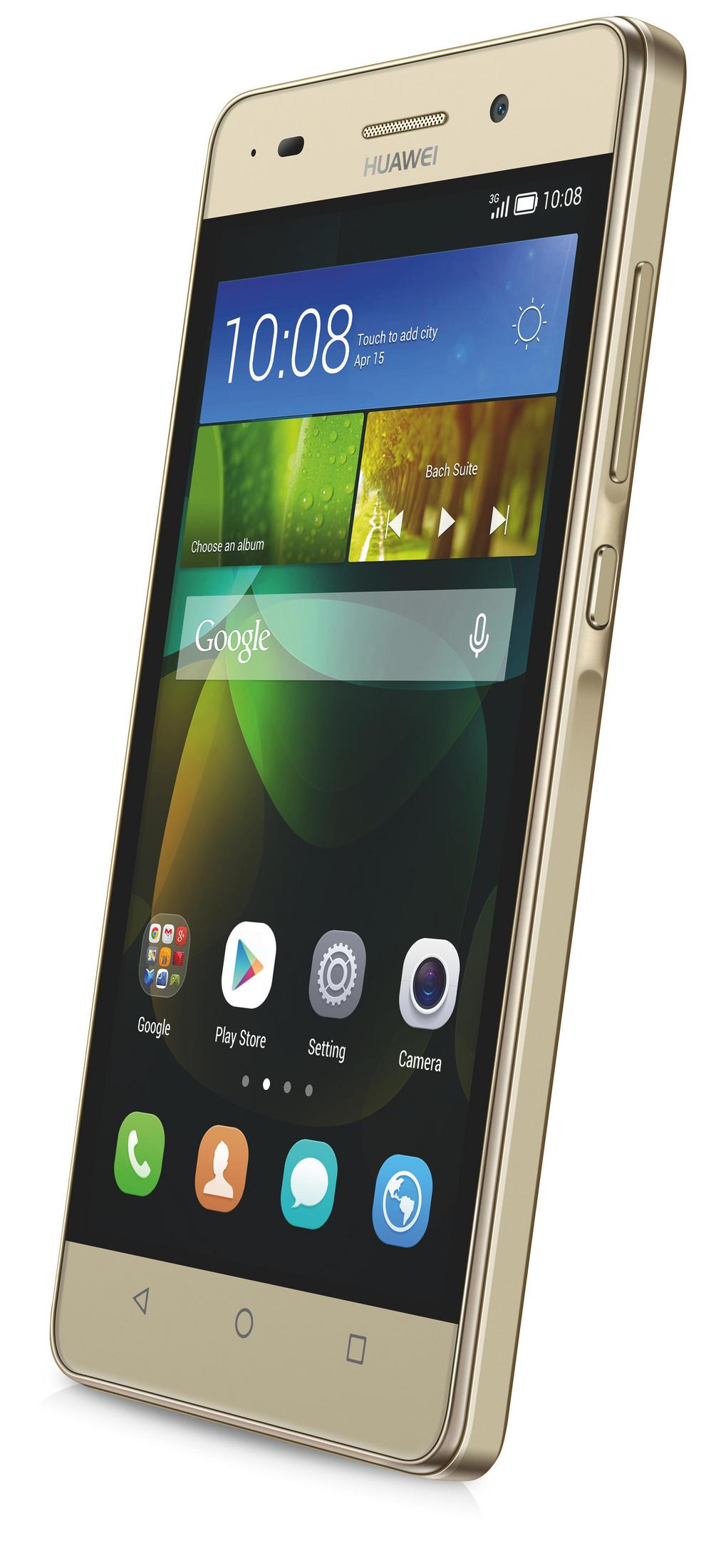 Ein goldenes Huawei-Smartphone zeigt Uhrzeit, Google-Logo und App-Symbole. Der Bildschirm zeigt eine Musikplayer-Oberfläche.