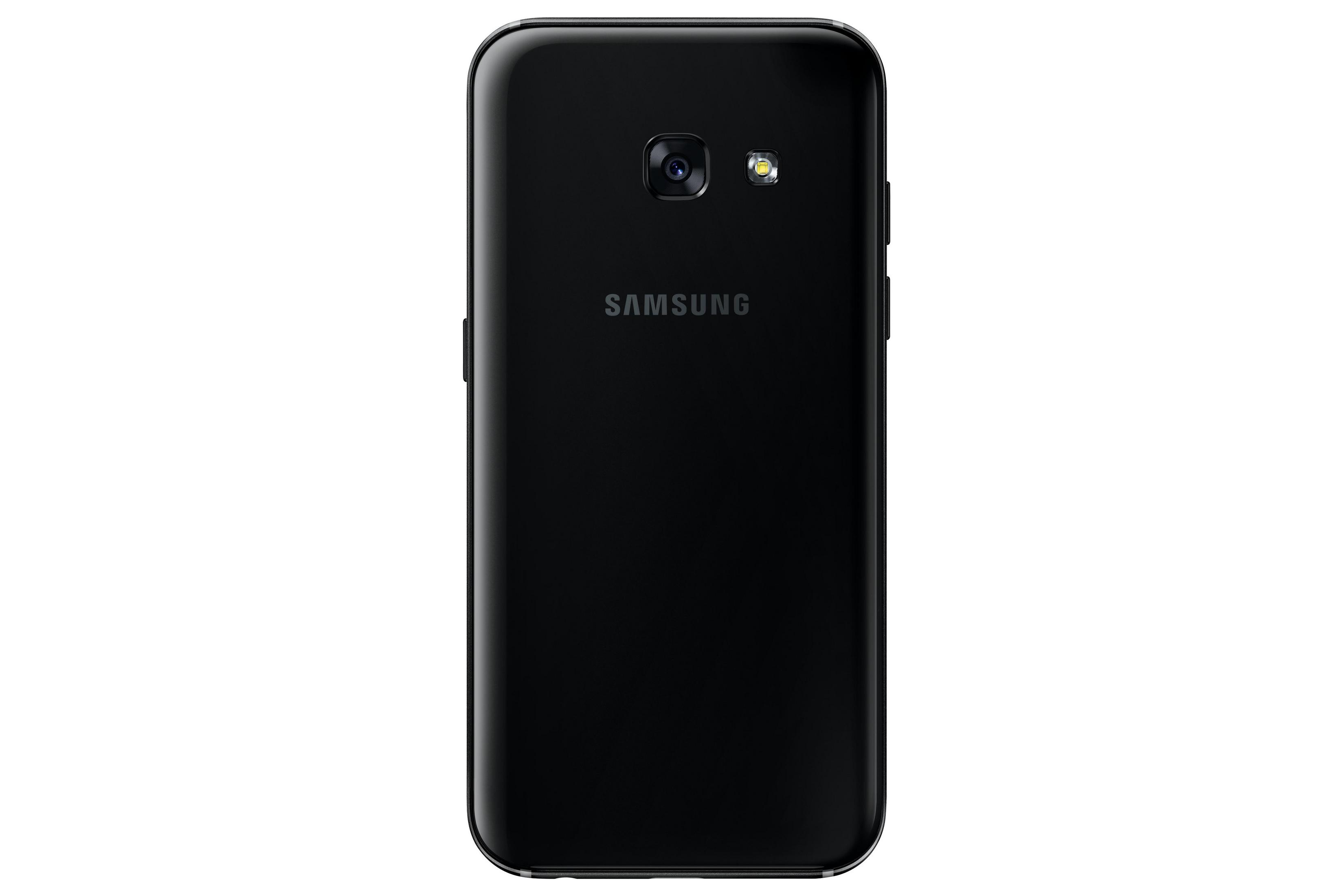 Retro nero del telefono Samsung. Fotocamera, flash e logo visibili. Il telefono ha angoli arrotondati e finitura lucida.