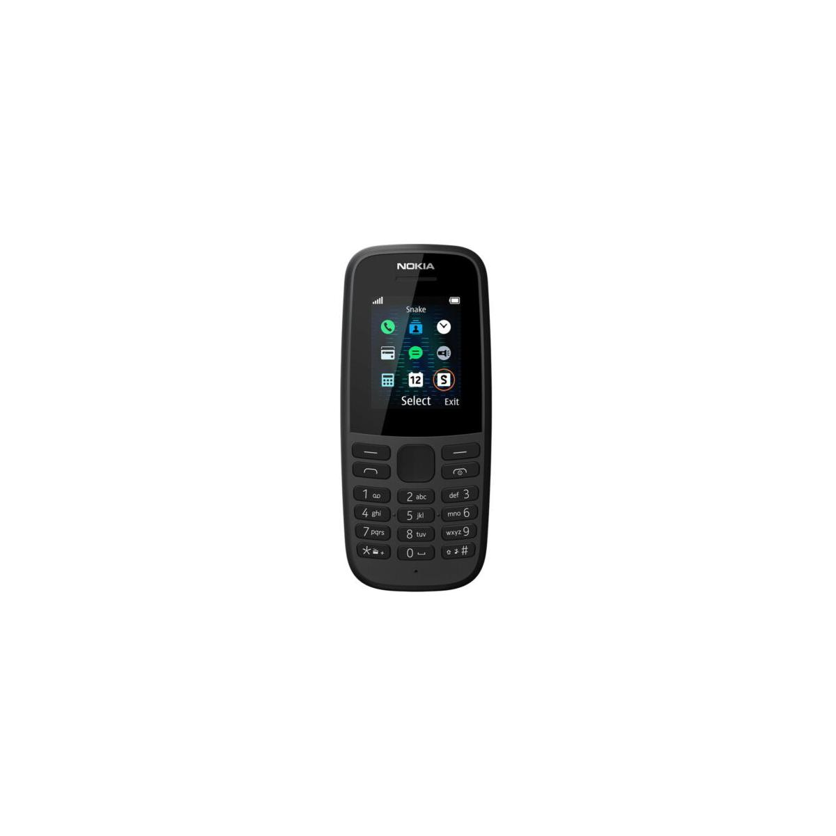 Viene visualizzato un telefono Nokia nero. Lo schermo mostra icone di app e testo. Il telefono ha tasti numerici e un pad di navigazione.