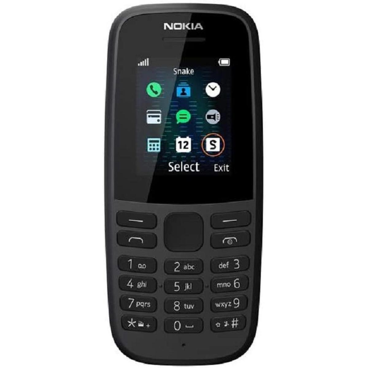 Viene visualizzato un telefono Nokia nero. Ha uno schermo con icone e una tastiera con numeri e lettere.