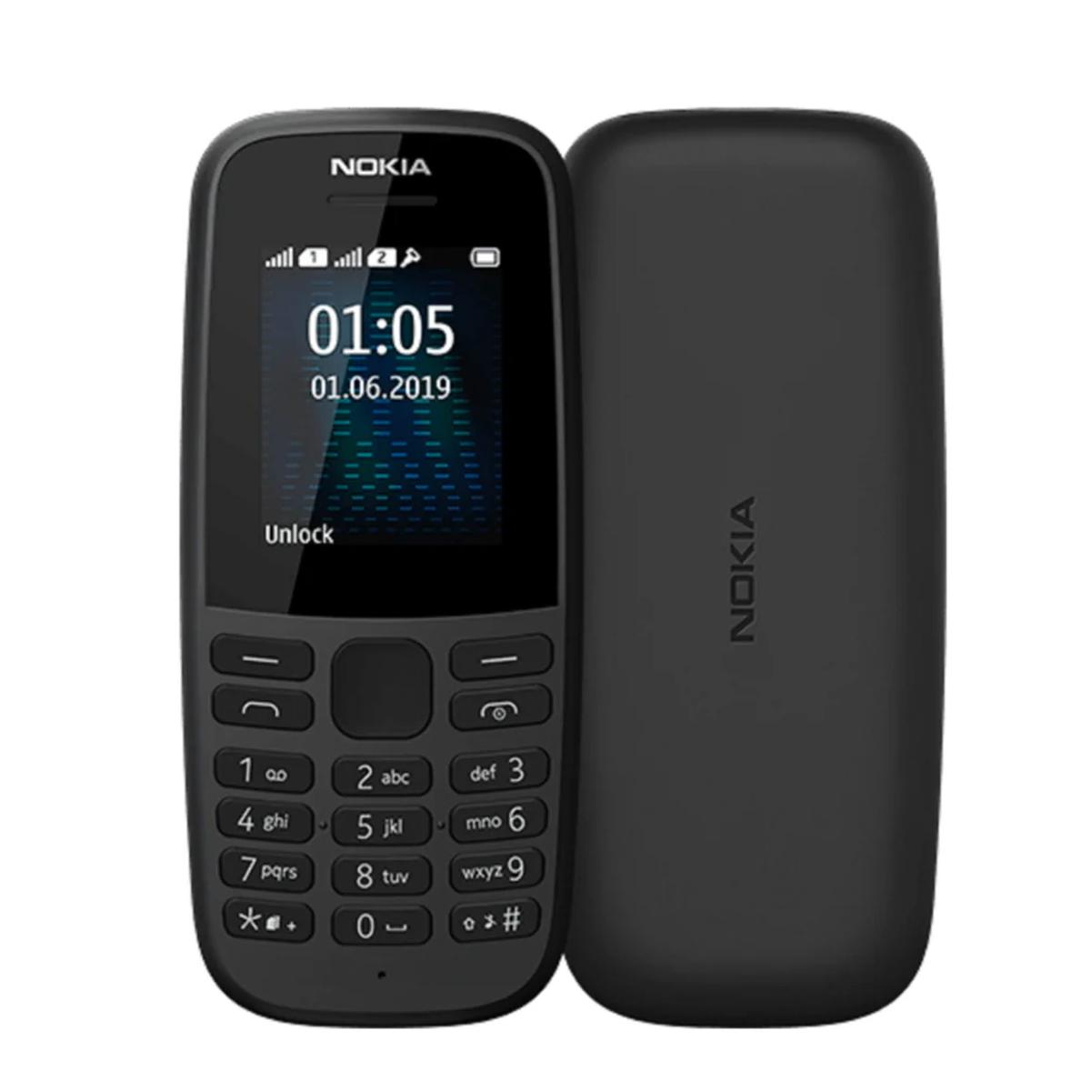 Un telefono Nokia nero con display che mostra l'ora e la data, con cover posteriore separata. Il telefono ha una tastiera.
