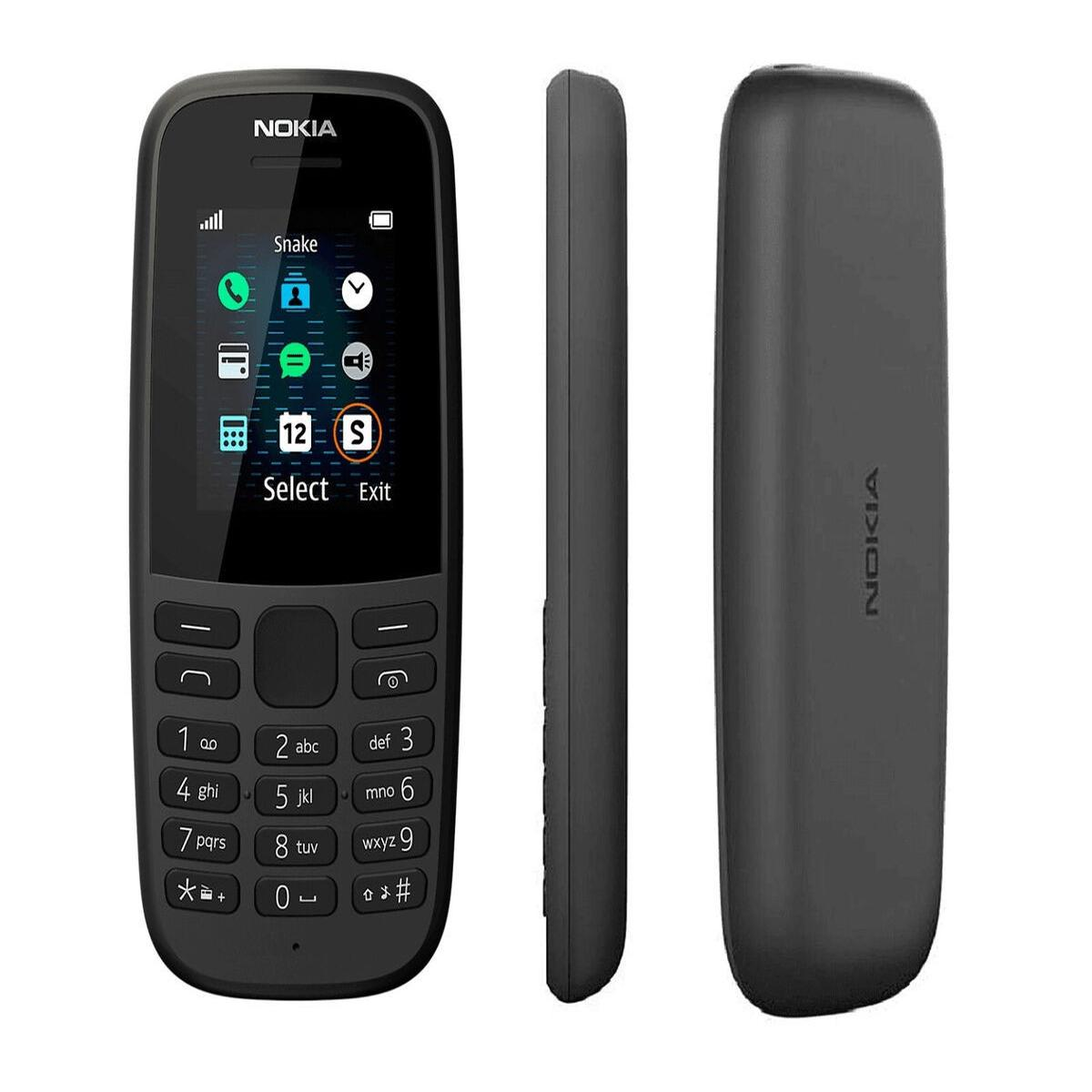 Un telefono Nokia nero con lo schermo acceso che mostra le icone. Il telefono è mostrato da tre angolazioni.