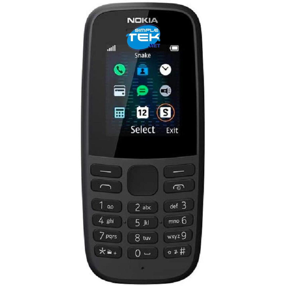 Viene mostrato un telefono Nokia nero. Lo schermo mostra icone e testo, tra cui 'Snake'. La tastiera ha tasti numerici e funzione.