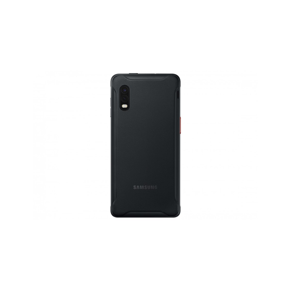 Un telefono Samsung nero con retro strutturato. Ha una fotocamera, un pulsante laterale rosso e il logo Samsung.